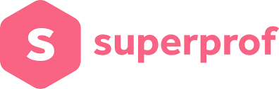 Logo with a pink hexagon containing a white letter S and the word 'superprof' in pink text