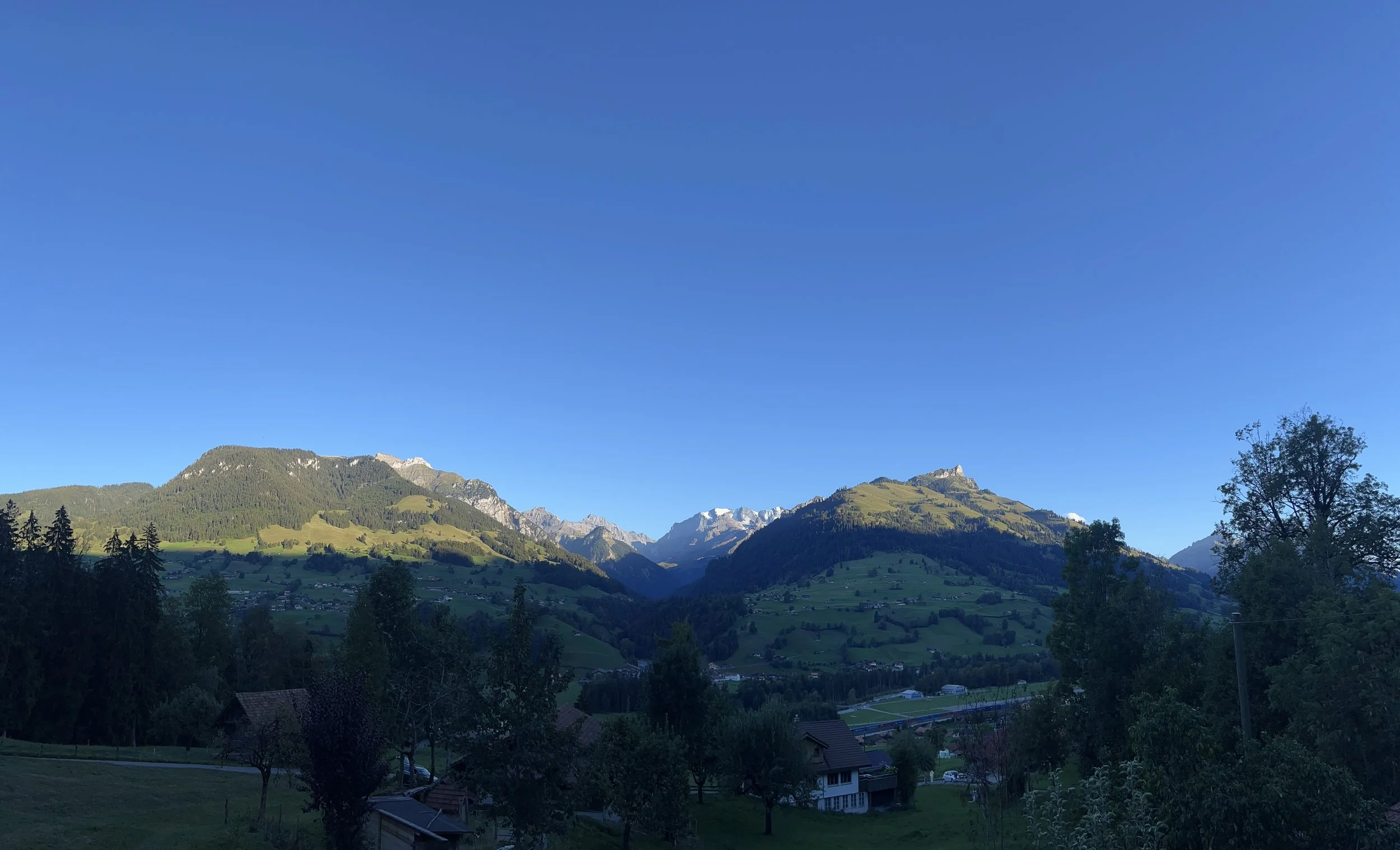 Panoramablick auf ein grünes Alpental mit verstreuten Häusern und bewaldeten Bergen unter blauem Himmel