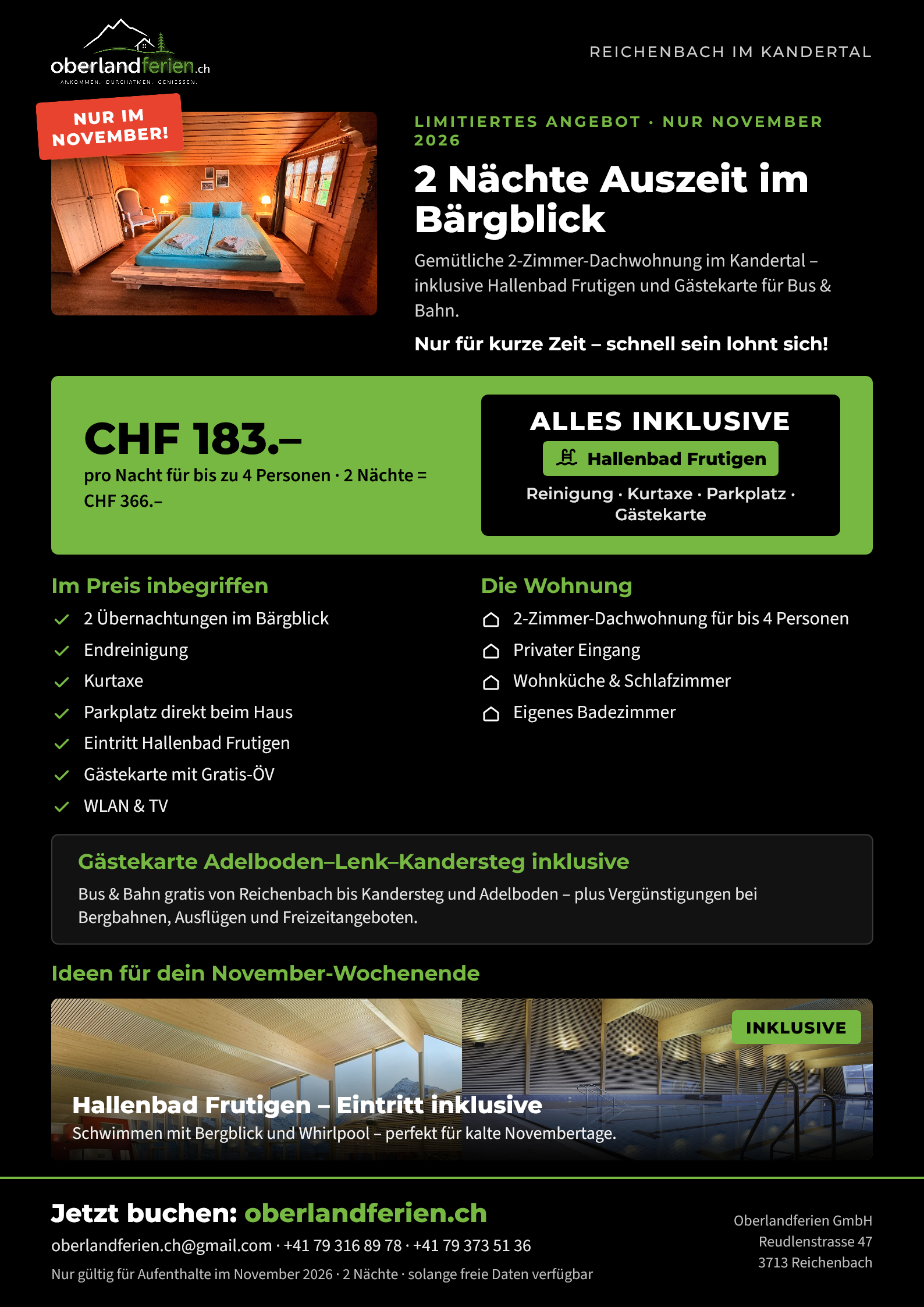 Werbeflyer für zwei Übernachtungen in der Dachwohnung Bärgblick in Reichenbach im Kandertal im November 2026 inklusive Hallenbad Frutigen, Gästekarte und weiteren Leistungen ab CHF 183 pro Nacht.