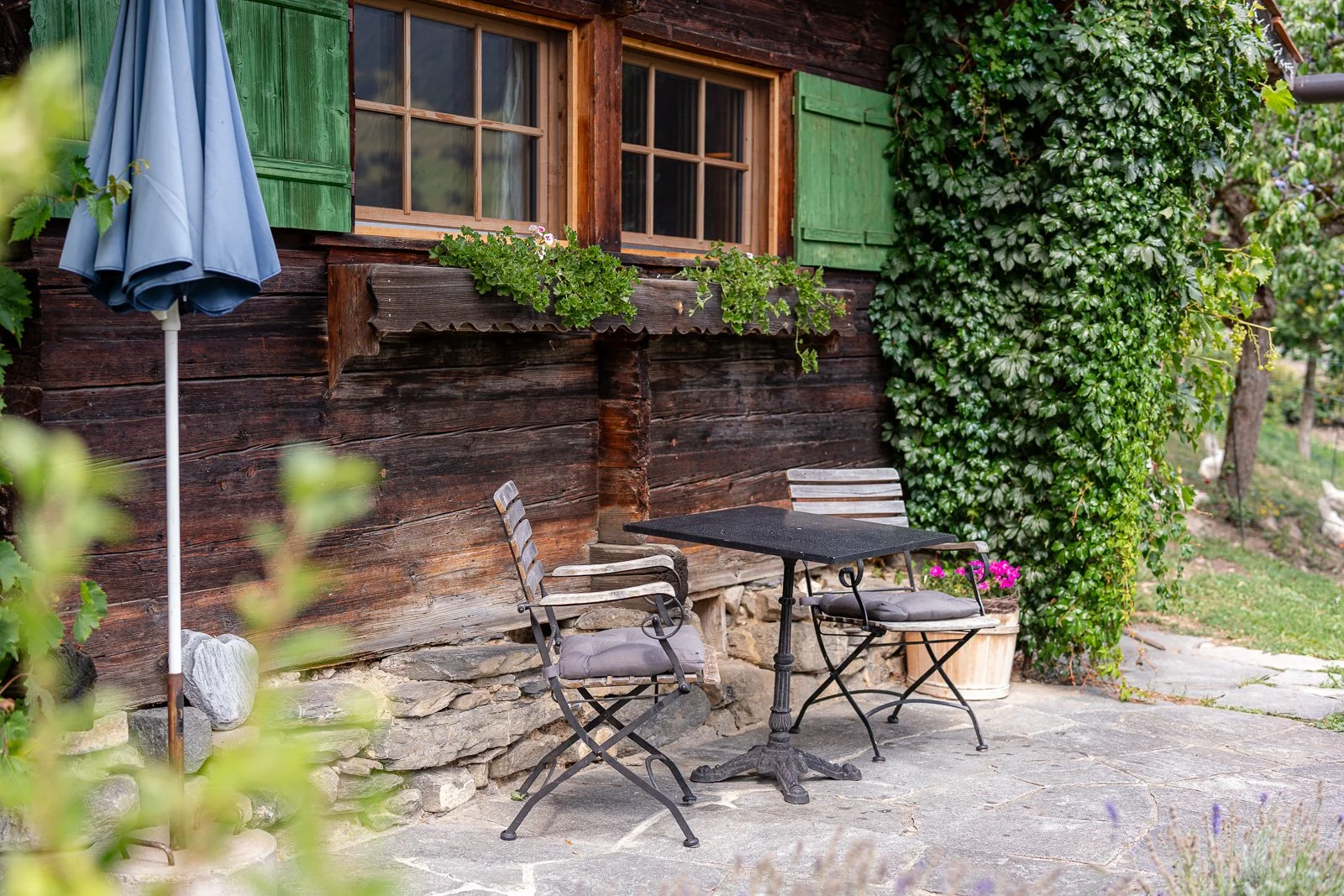 Blick auf einen gemütlichen Außenbereich eines Hauses mit Holzfassade, grünen Fensterläden, einem kleinen Tisch und zwei Stühlen, einer orangenen Blumentreppe mit pinken Blumen, einem großen Baum voller grüner Blätter und einer Gartenlandschaft im Hi