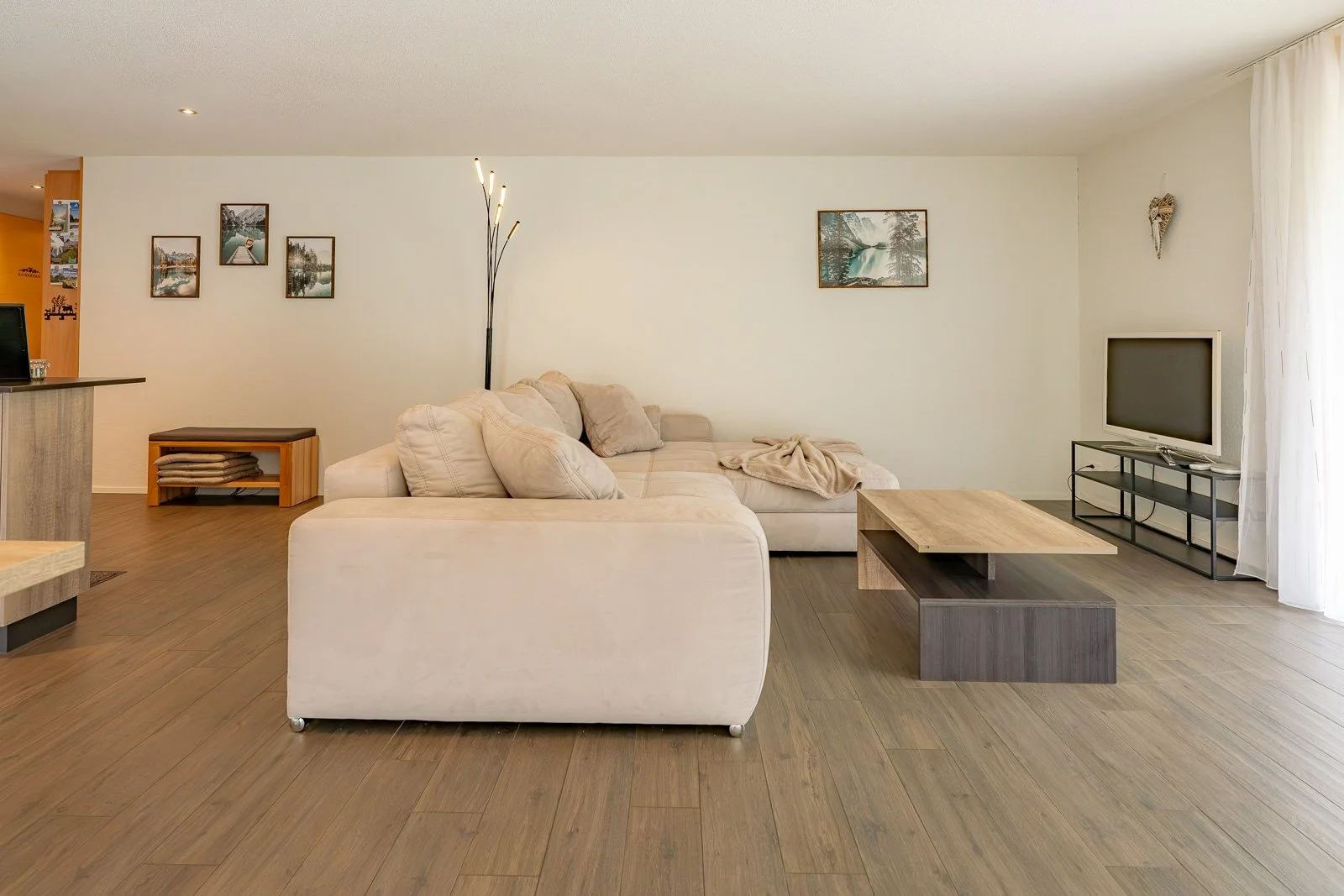 Moderner Wohnraum mit weißem Sofa, Holz-Couchtisch, Flachbildfernseher auf Metallgestell und Wanddekorationen