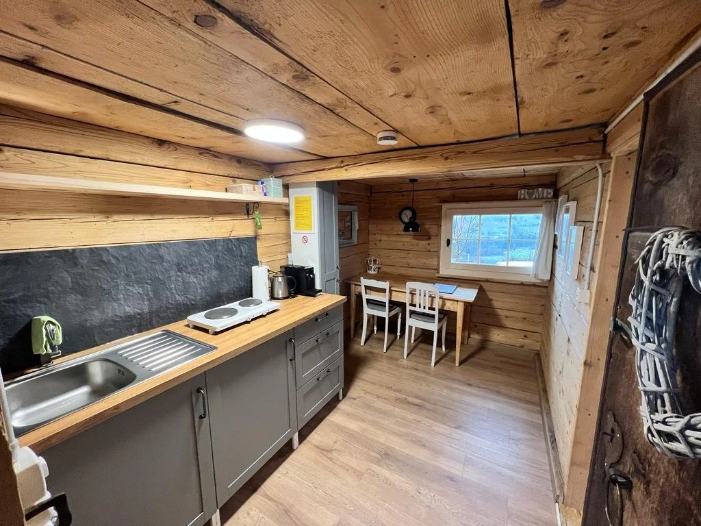 Küchenbereich mit grauen Schränken, Holzarbeitsplatte, Spüle, Kochplatten und Kaffeemaschine, im Hintergrund ein kleiner Esstisch mit vier Stühlen vor einem Fenster in einer Holzwand.