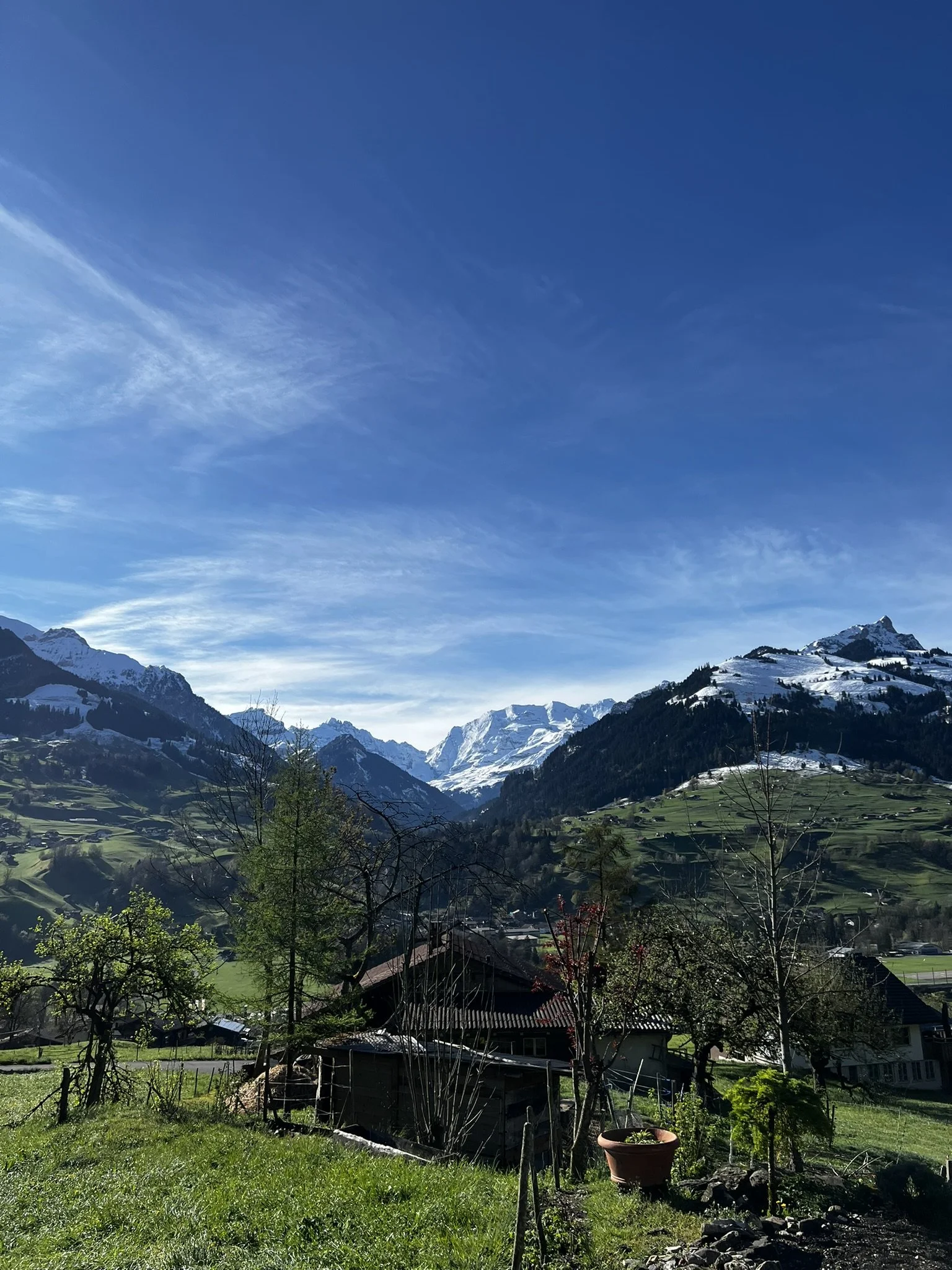 Berglandschaft mit schneebedeckten Gipfeln, grünen Hügeln und einem kleinen Dorf im Vordergrund, unter blauem Himmel