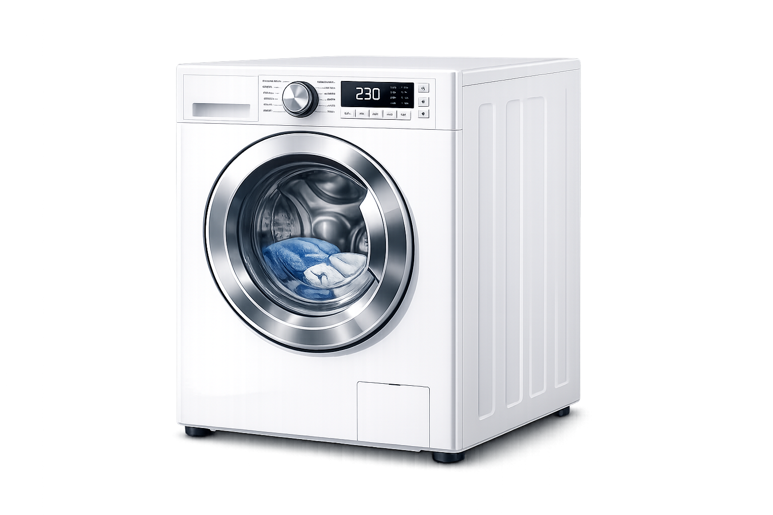 Weiße Waschmaschine mit Digitalanzeige, die Wäsche lädt, sichtbare Trommel mit blauen und weißen Kleidungstücken.