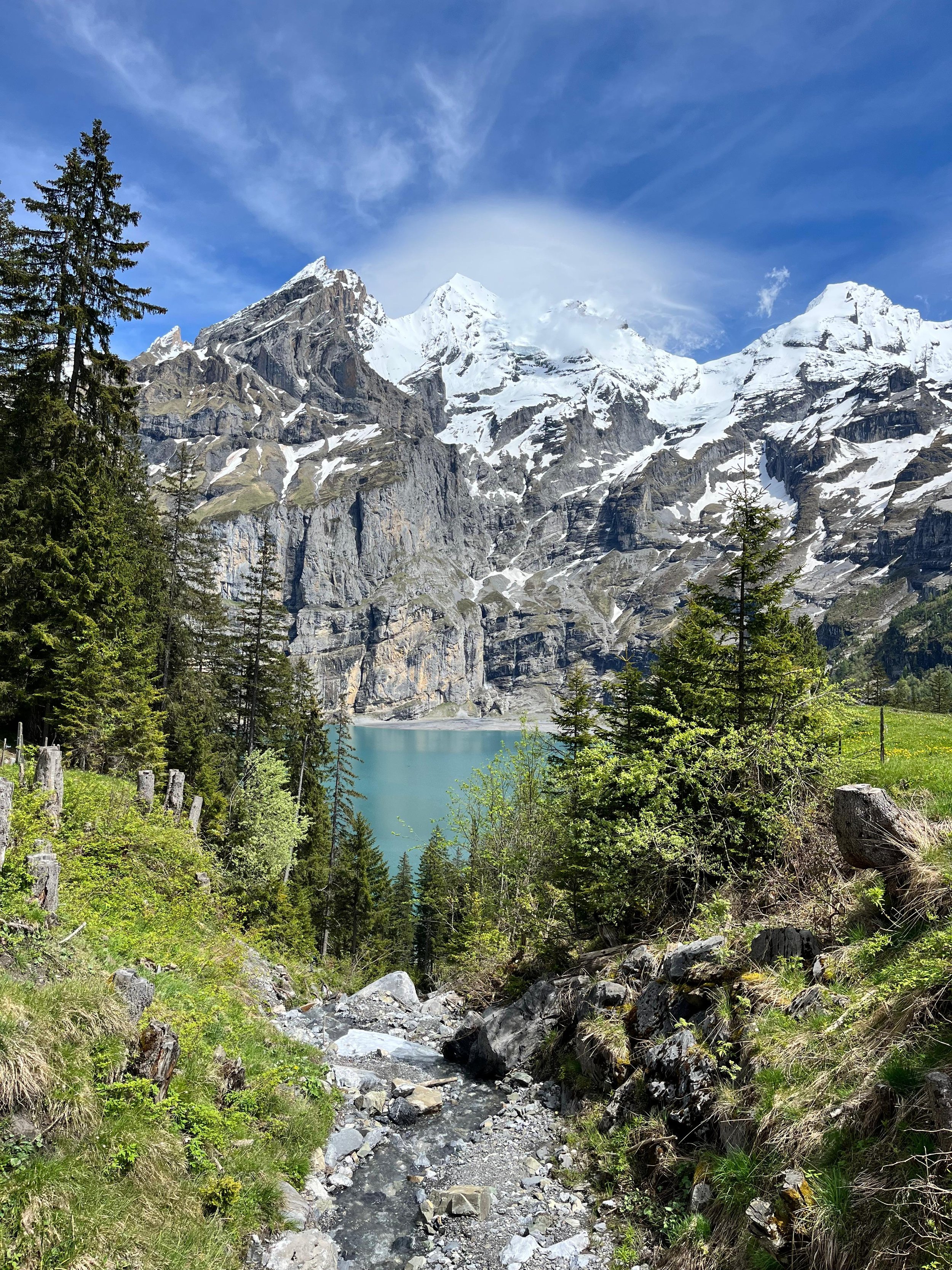 Bergsee zwischen grünen Wäldern und schneebedeckten Bergen bei blauem Himmel.