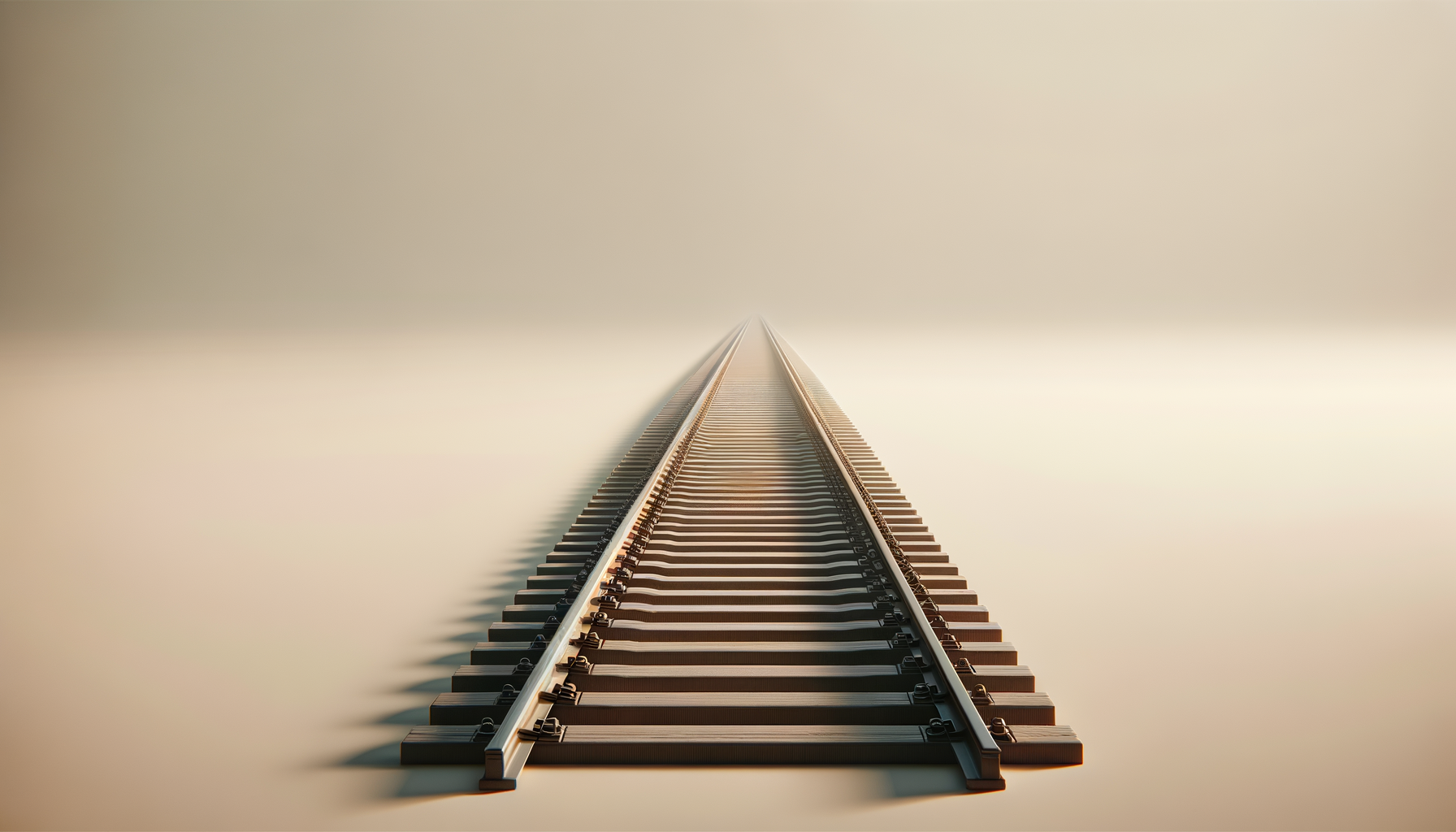 A close-up view of a single railroad track extending into the horizon against a neutral background.