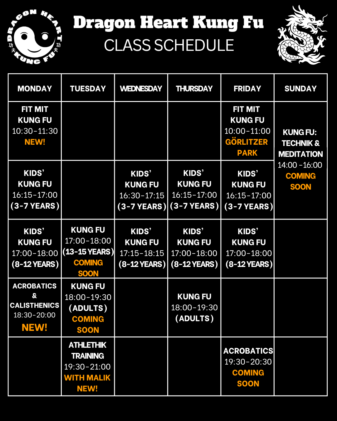 Dragon Heart Studio Schedule