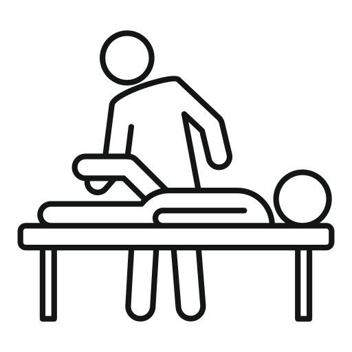 Strichzeichnung von einer Person, die auf einer Massagebank liegt, während eine andere Person eine Massage durchführt.