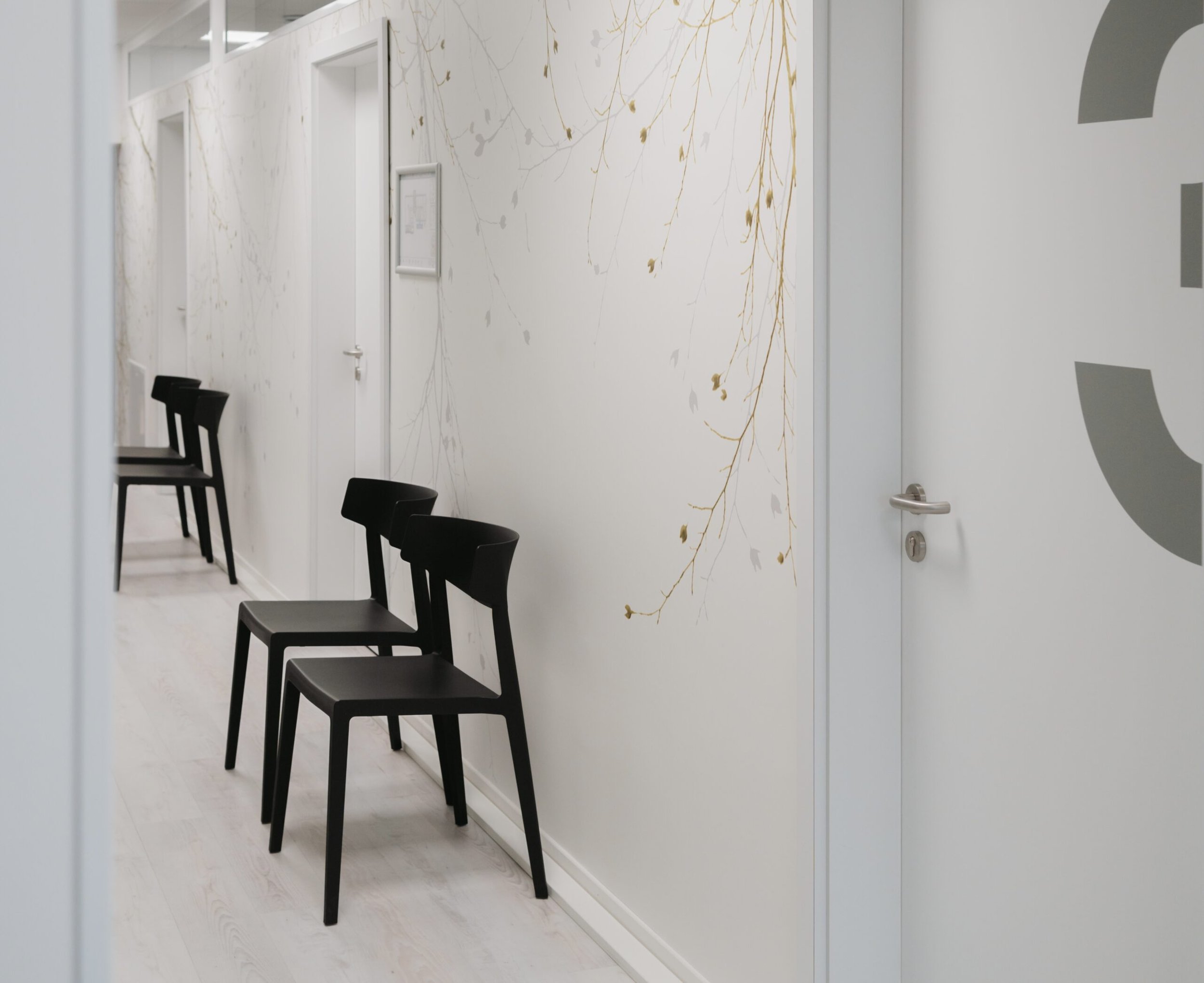 Wartebereich mit drei schwarzen Stühlen, einer weißen Wand mit goldfarbenen Zweigen und Blättern, Tür mit Metallgriff, darüber ein Rahmen mit einem Dokument.