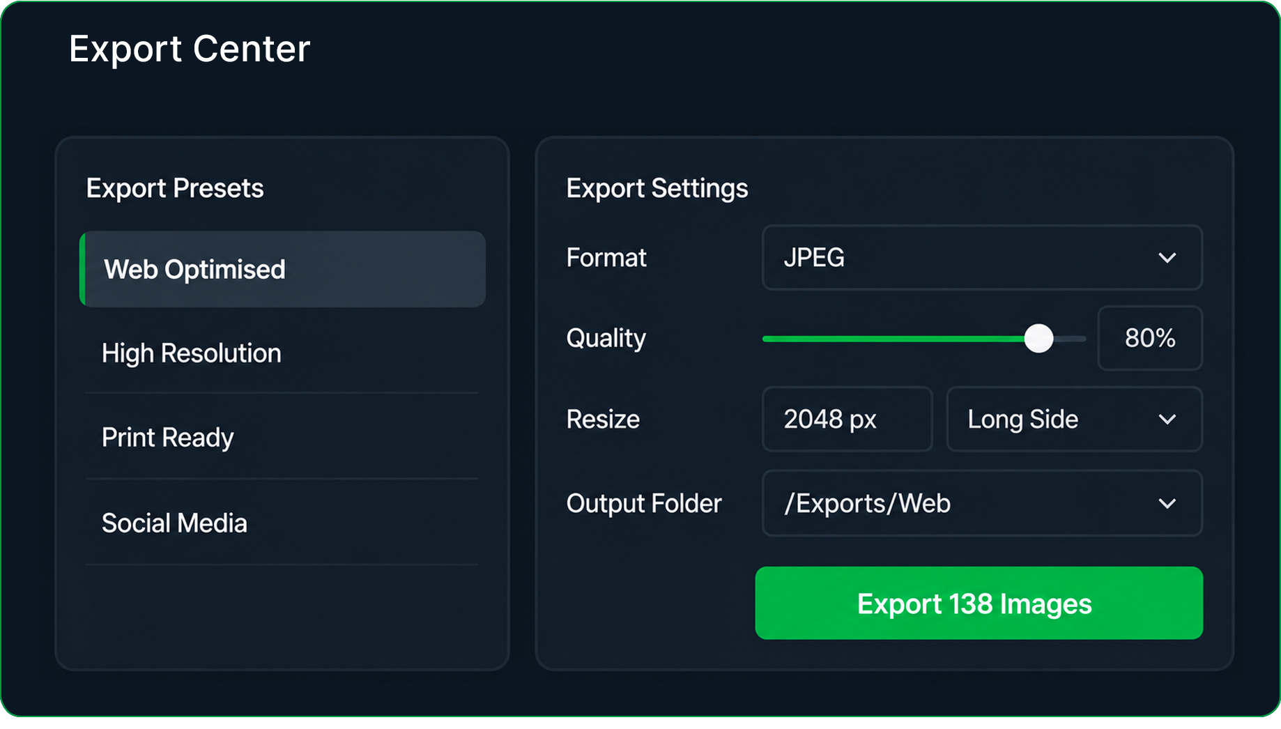 Screenshot of export settings in a photo editing software, showing options for export presets like Web Optimized and High Resolution, with settings for format, quality, resize dimensions, and output folder. A green button labeled 'Export 138 Images' is at the bottom.