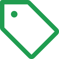 Simple drawing of a black price tag with a green border and a small green circle near the top left corner.
