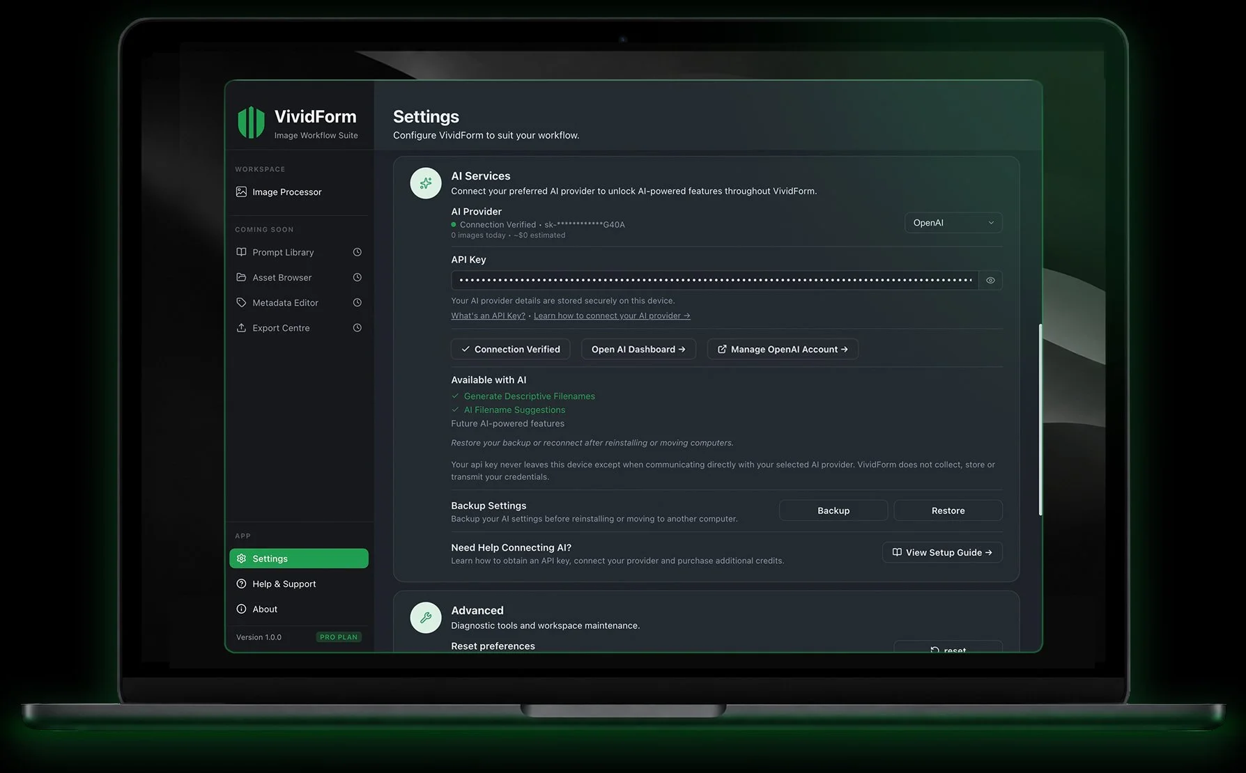 Laptop screen displaying VividForm settings page with AI services, API key input, backup options, and navigation menu.