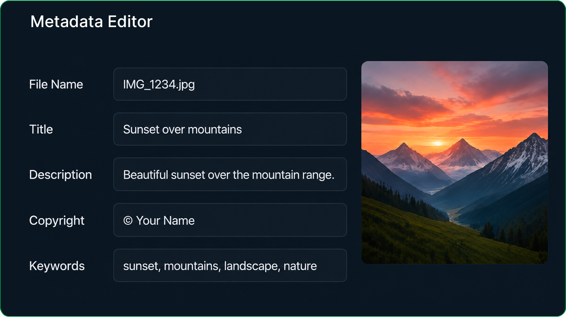 Screenshot of a digital metadata editor displaying information for an image titled 'Sunset over mountains.' The image shows a scenic landscape with a colorful sunset, mountains with snow on their peaks, a green valley, and a winding river.
