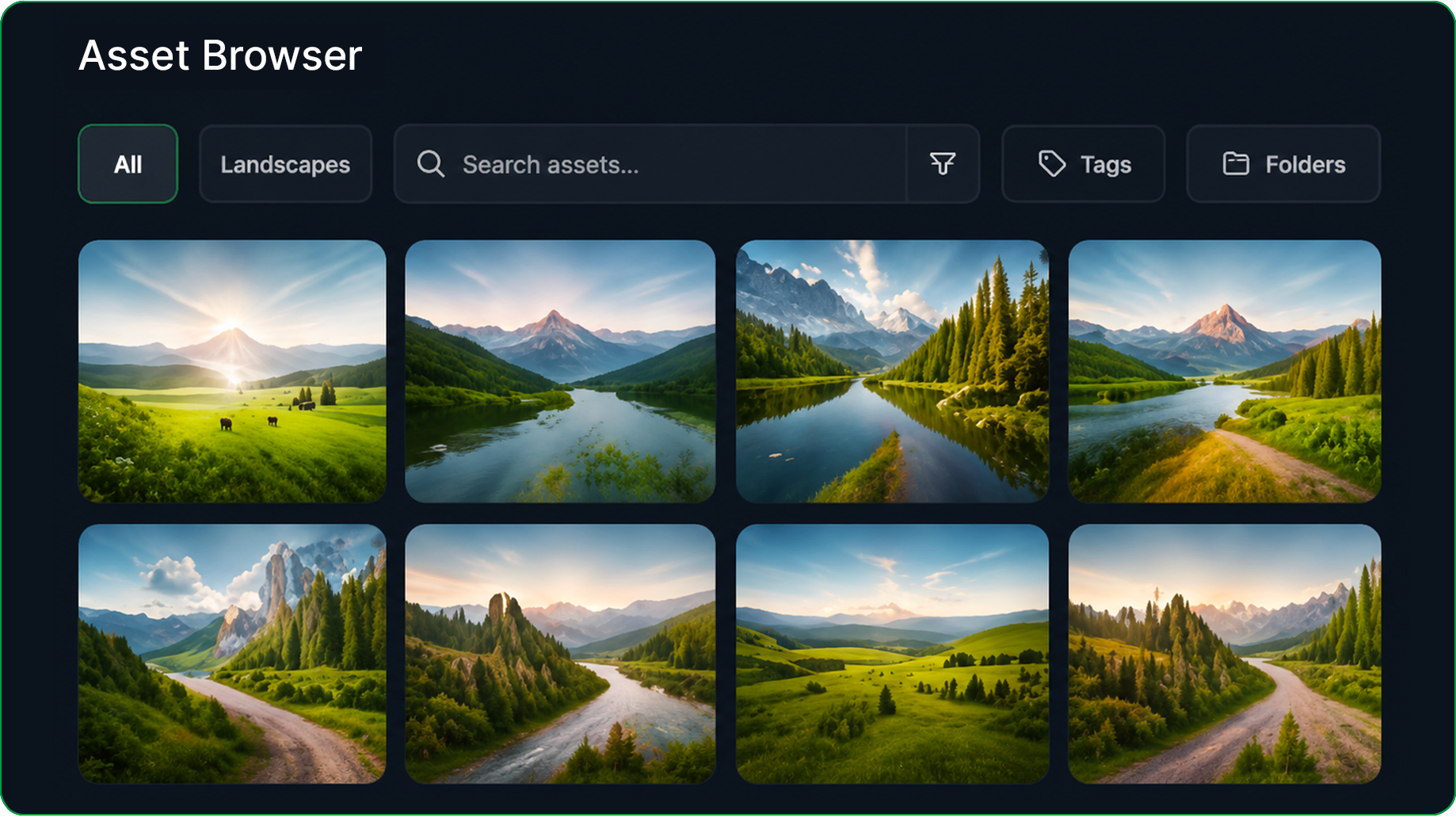 Screenshot of an asset browser showing landscape images of mountains, rivers, and green fields with blue skies, in a digital file management interface.
