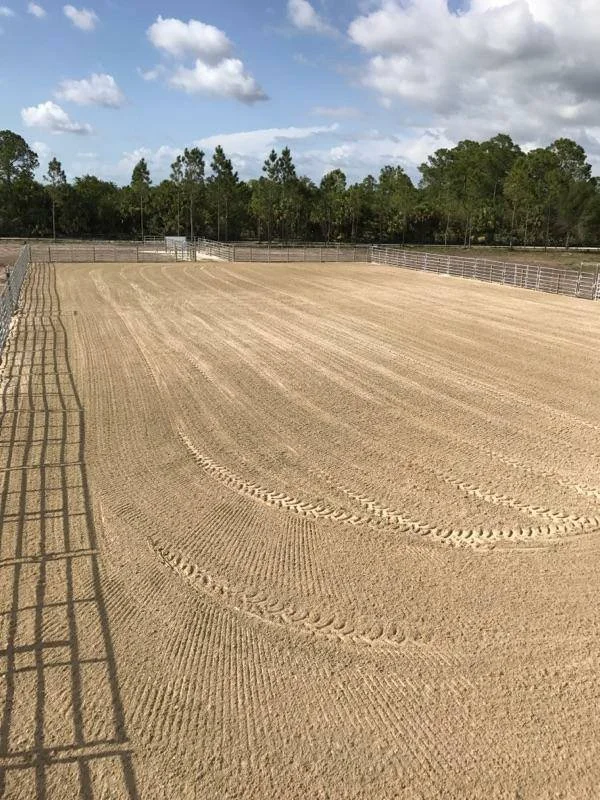 Empty riding arena with groomed sand, surrounded by metal fencing, trees in the background, and a blue sky with clouds.