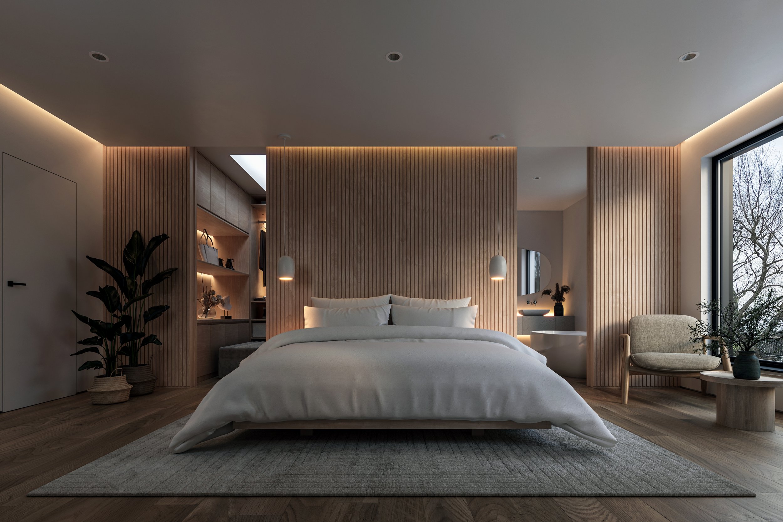 Modern bedroom with a large bed, wooden wall paneling, and a large window with a view of trees outside.