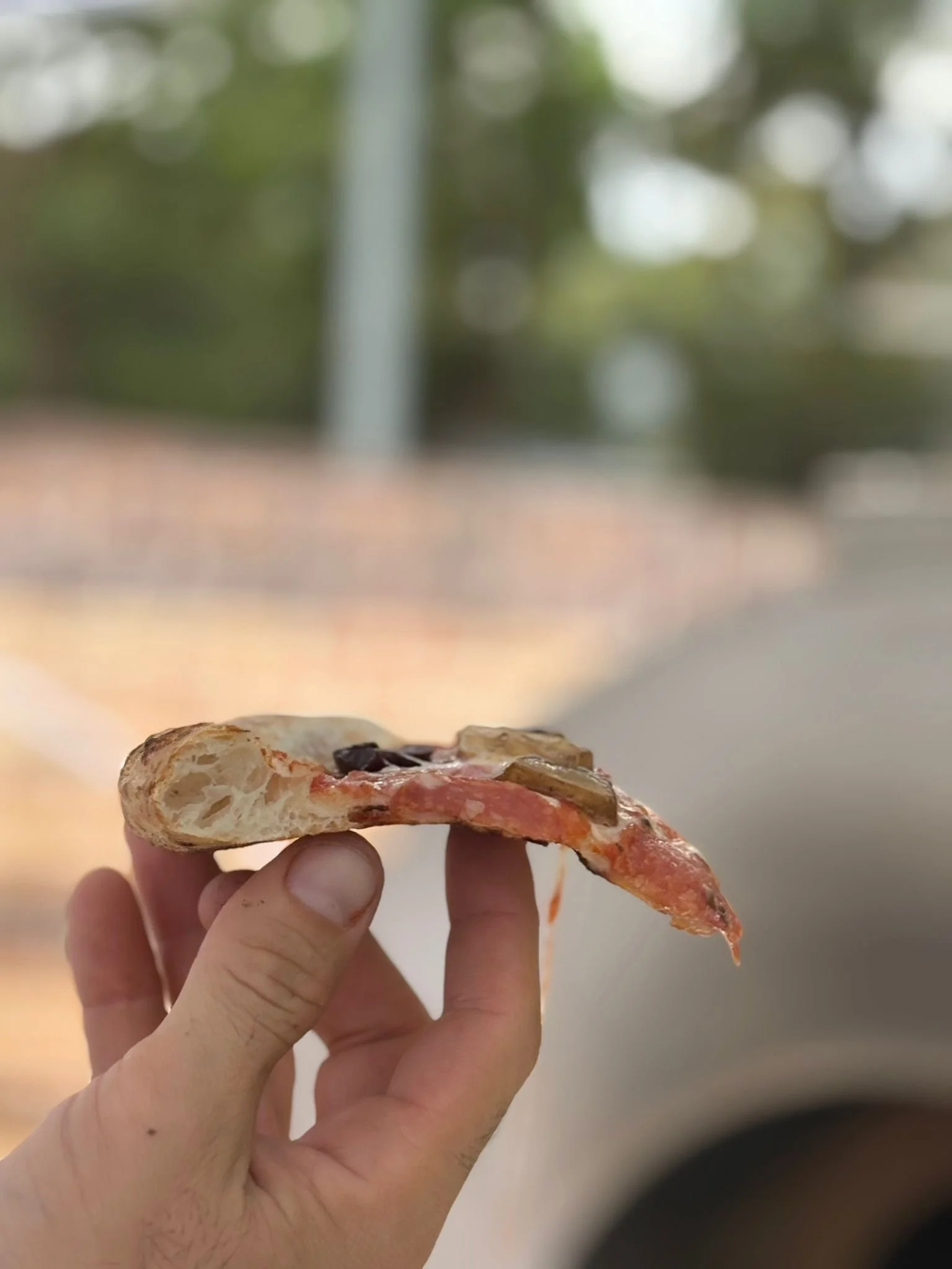 Person holding a slice of pizza with mushrooms and olives, outdoors with blurred trees and sky in the background.