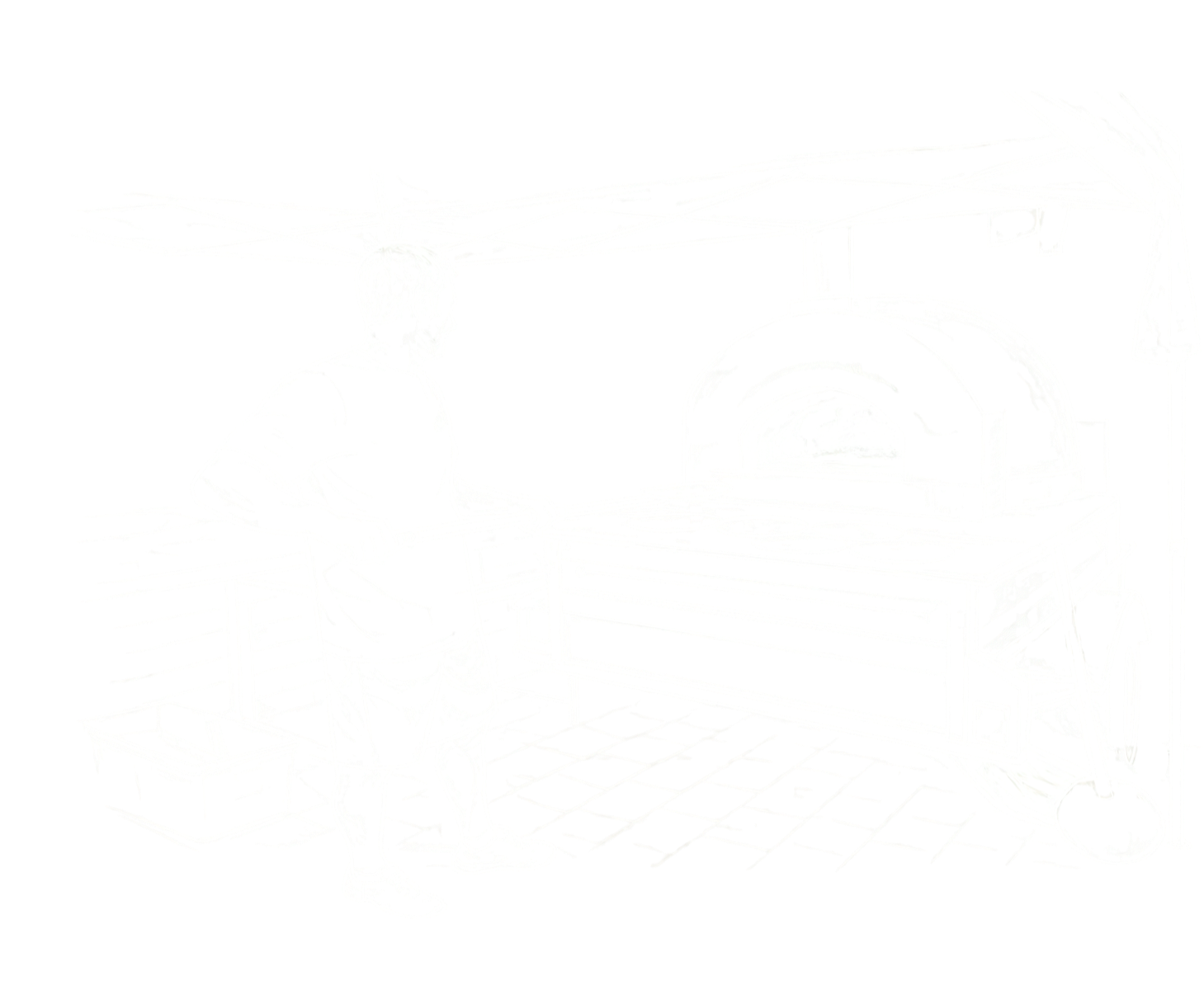 Line art of a person standing in a kitchen with a pizza oven, holding a pizza peel, with a pizza oven and a lamp overhead.