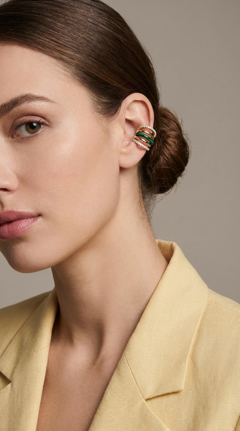 Fable-AllStable-Collection-TheWhisperer-earcuff-Malachite-Diamond-925SterlingSilver-YellowGoldVermeil