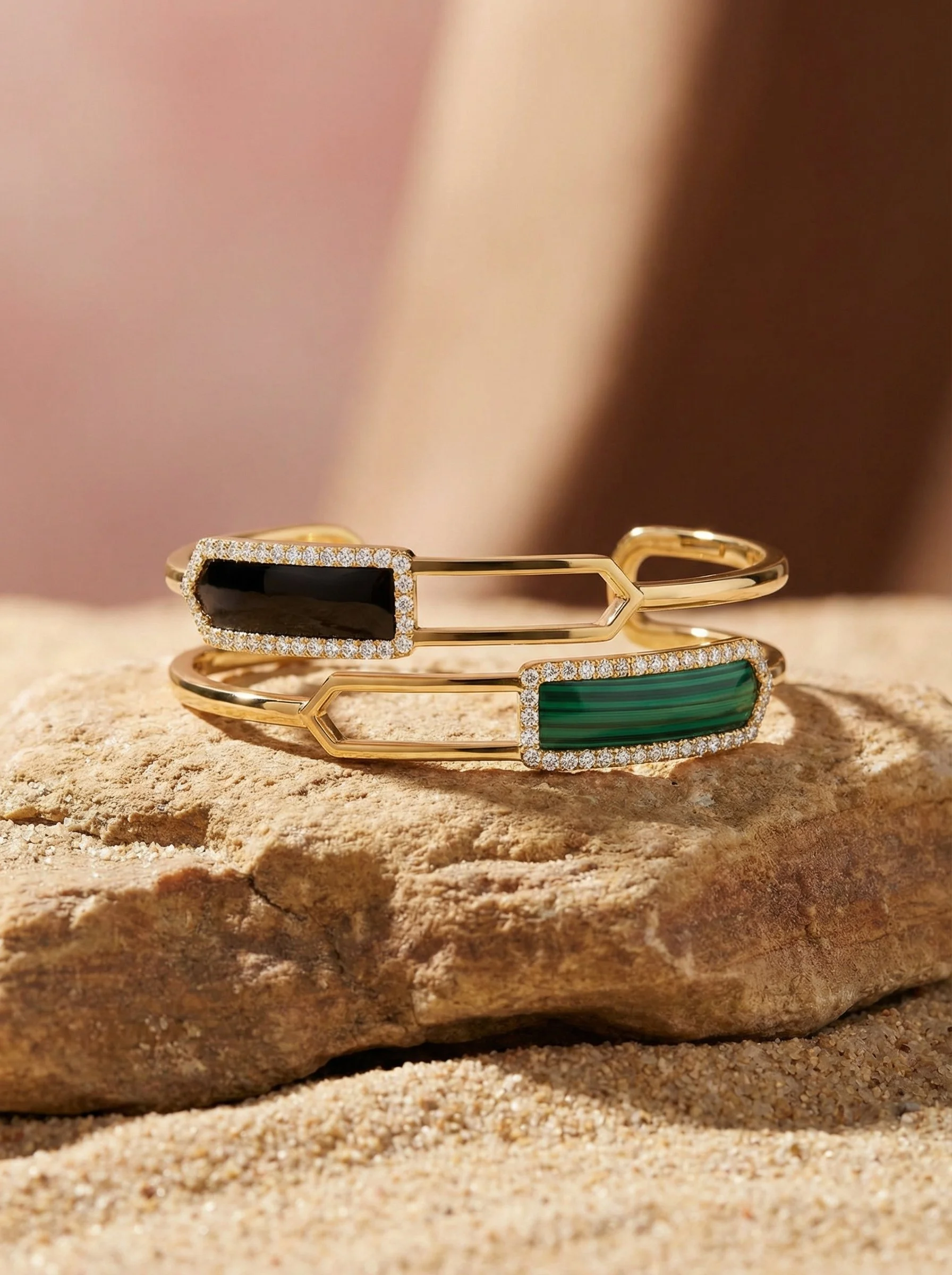 Fable-AllStable-Collection-TheTwinFlame-bangle-Onyx-Malachite-925SterlingSilver-YellowGoldVermeil