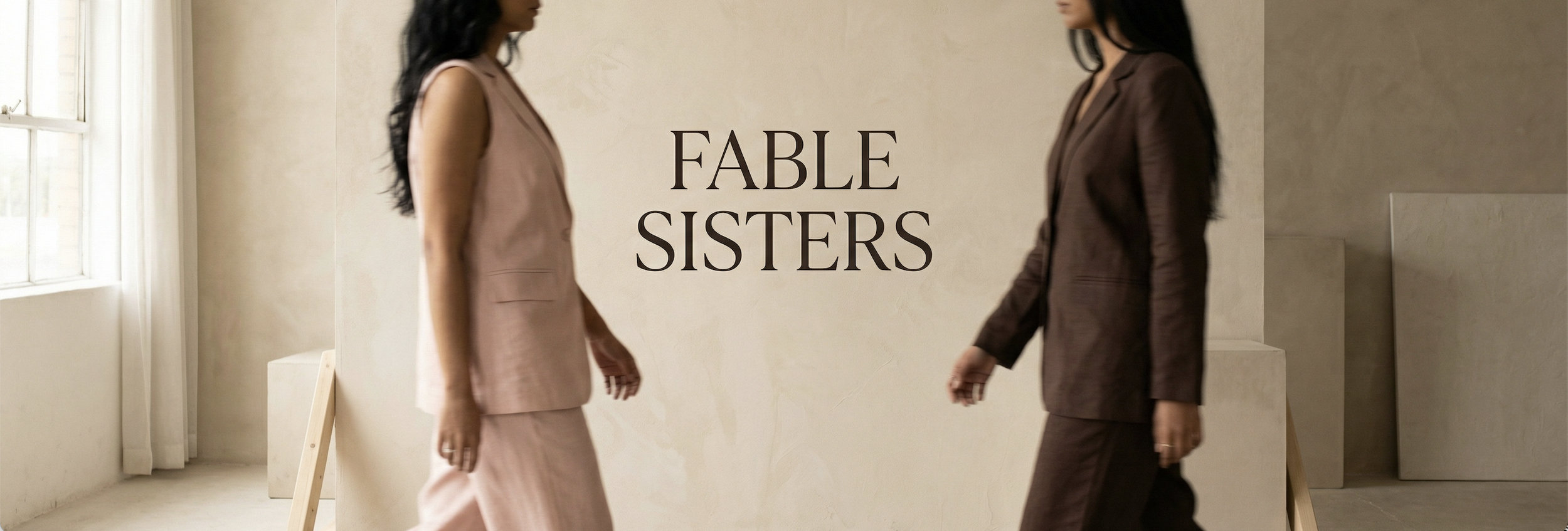 Two women in business attire walking towards each other in front of a sign that reads "FABLE SISTERS" in a minimalist setting with a window and beige walls.