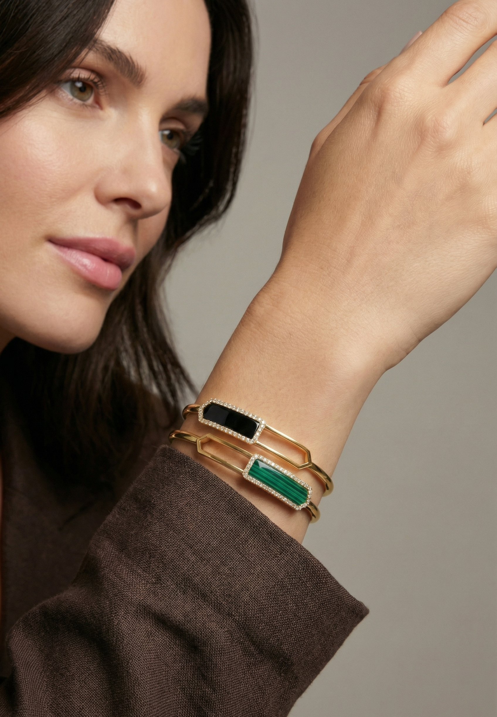 Fable-AllStable-Collection-TheTwinFlame-bangle-Onyx-Malachite-925SterlingSilver-YellowGoldVermeil