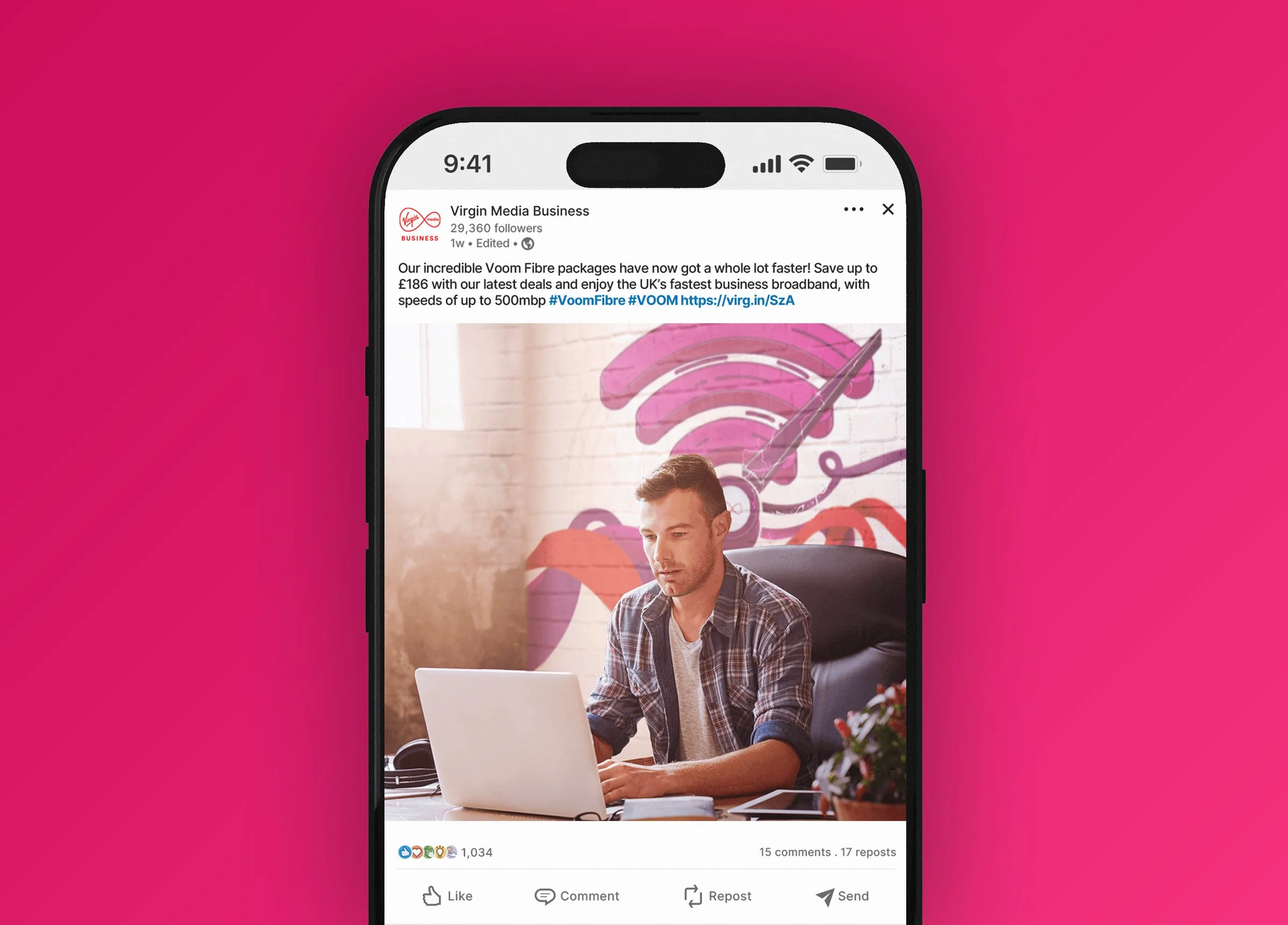 Virgin Media Business mobility campaign digital ad on iPhone mockup