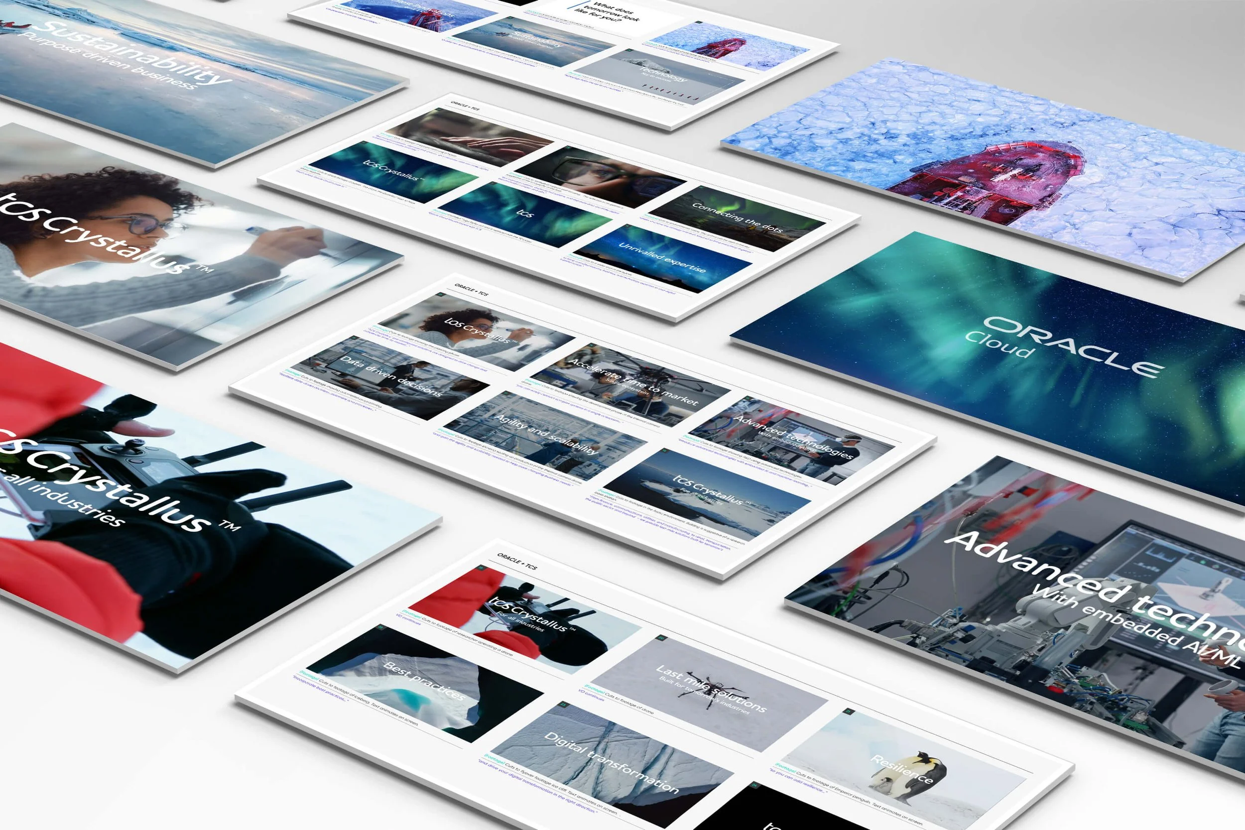 Oracle TCS Crystallus product video storyboard and scene tiles