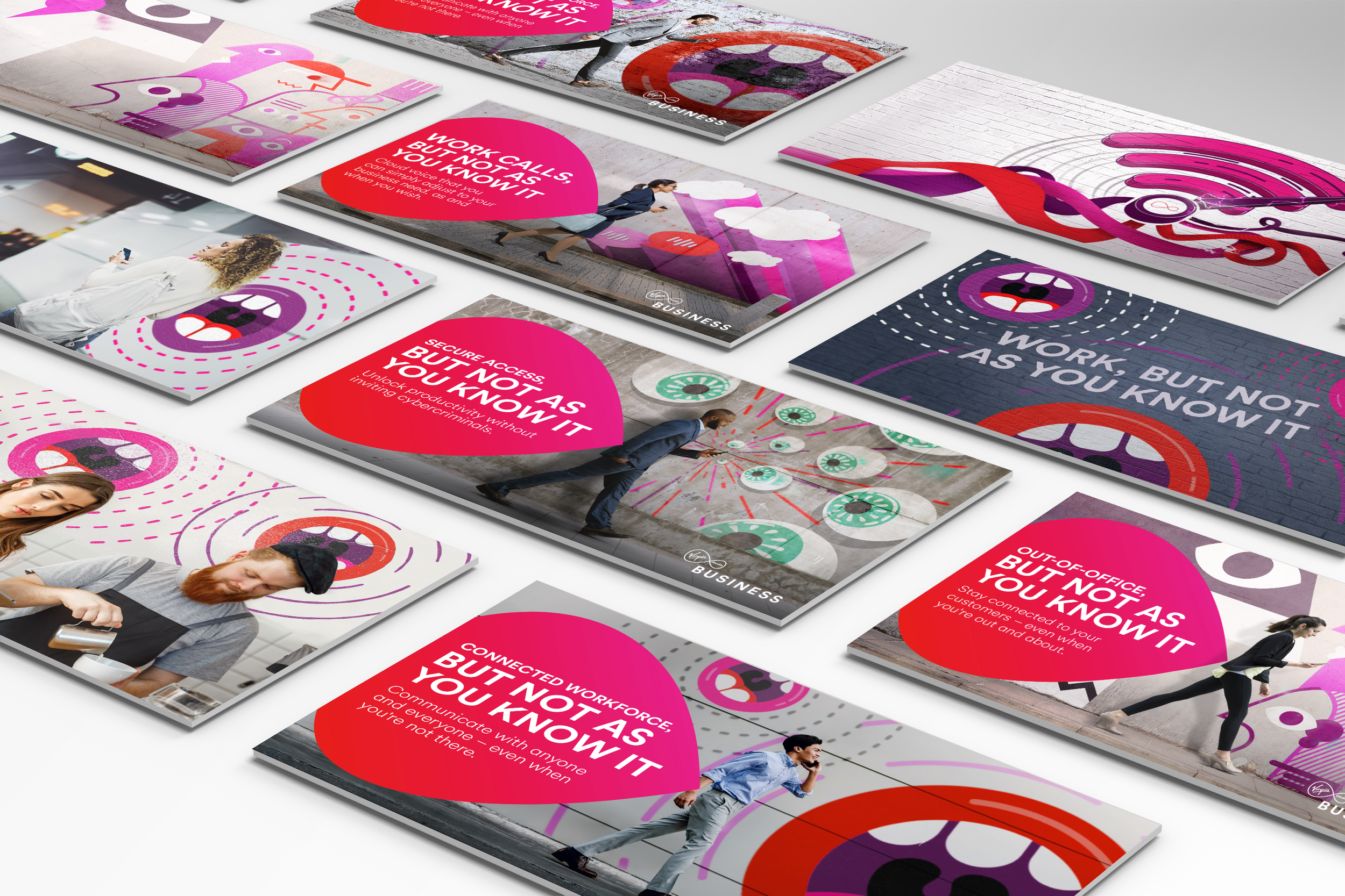 Four Virgin Media Business mobility campaign ads showing street art visual system