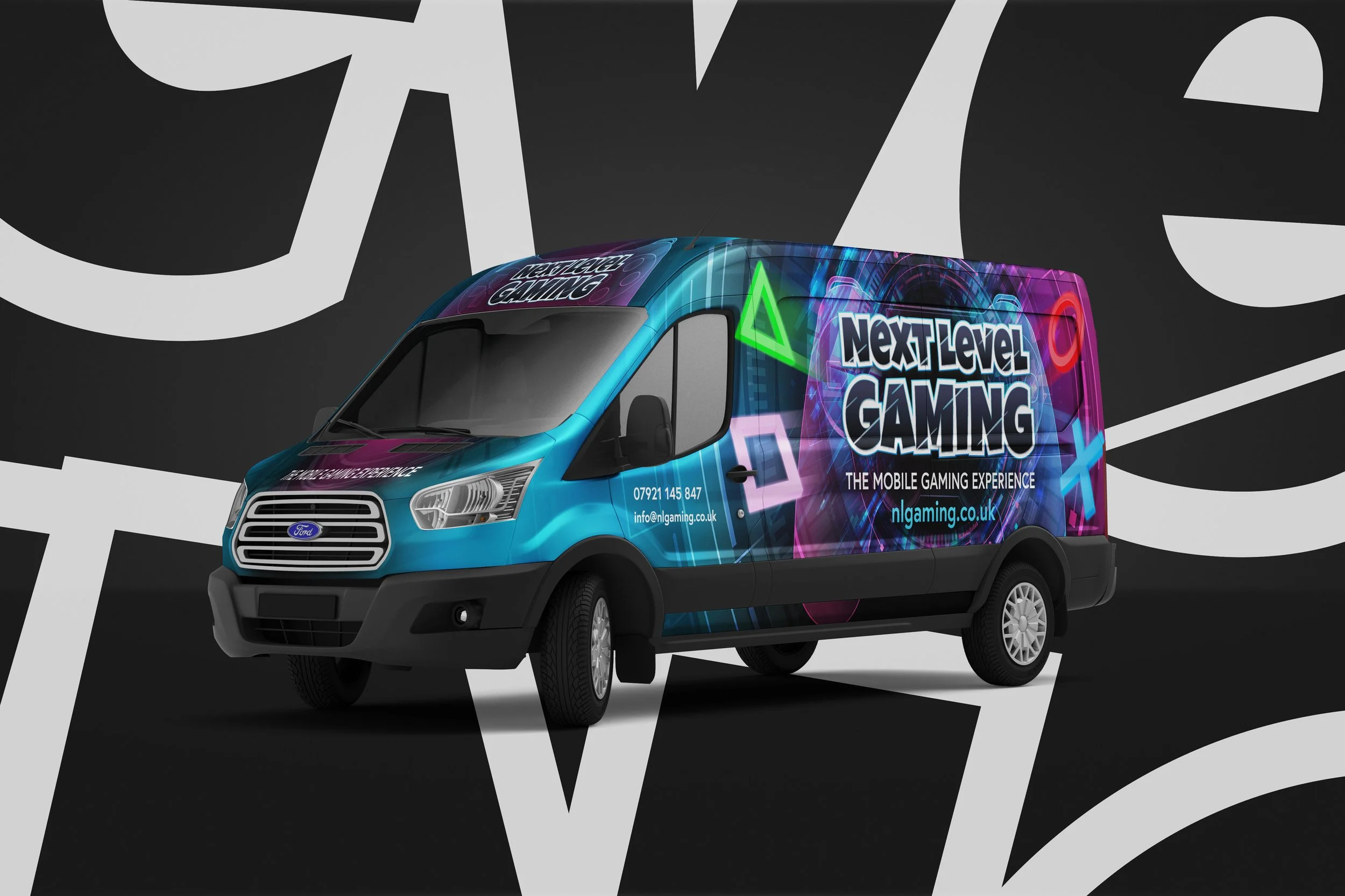 Next Level Gaming branded mobile gaming van, front view
