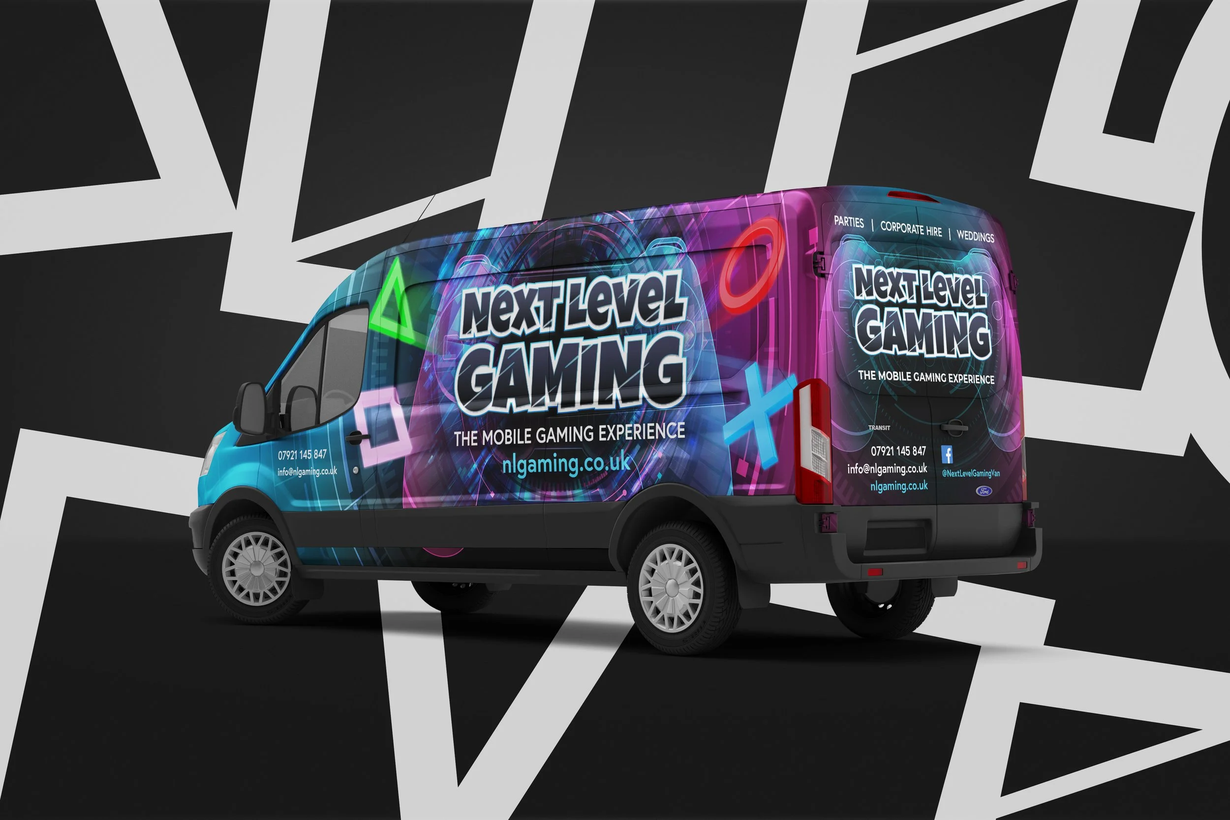 Next Level Gaming branded mobile gaming van, rear view