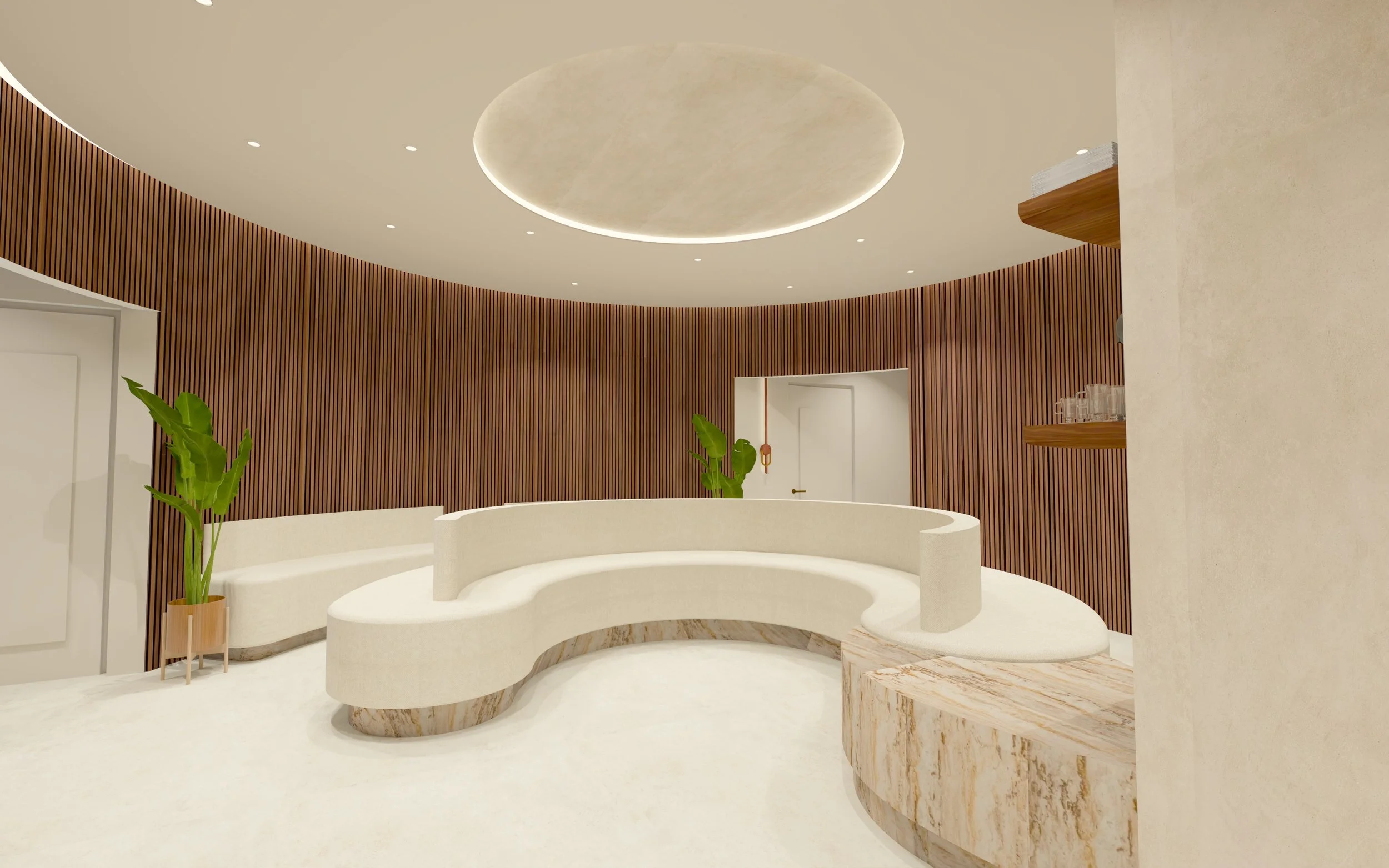 Cabinet neuf avec une salle d'attente moderne, un canapé incurvé en blan, plafond rond avec éclairage LED intégré.