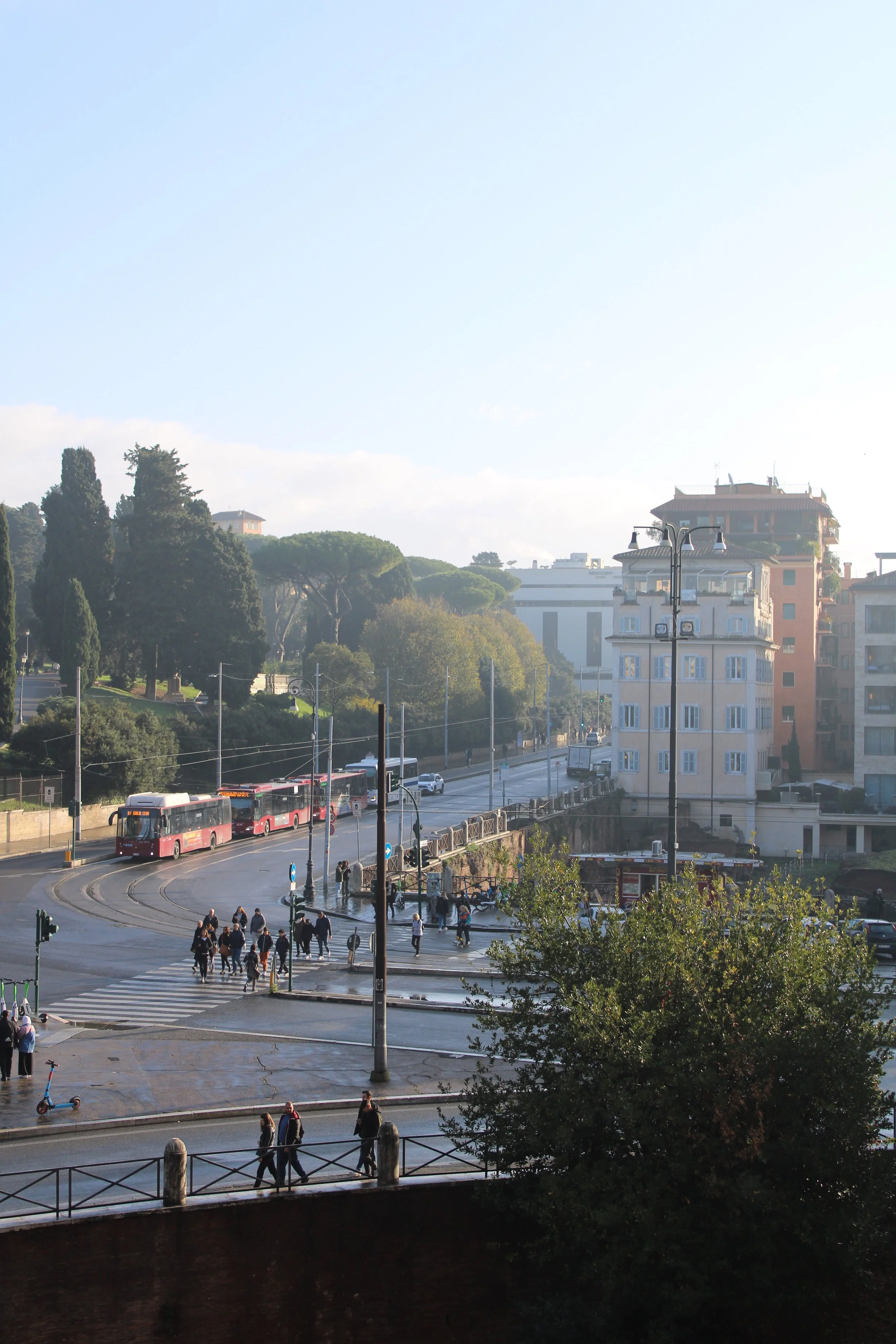A city street scene with pedestrians crossing at a crosswalk, buses, cars, and tall buildings with trees and a clear sky in the background.
