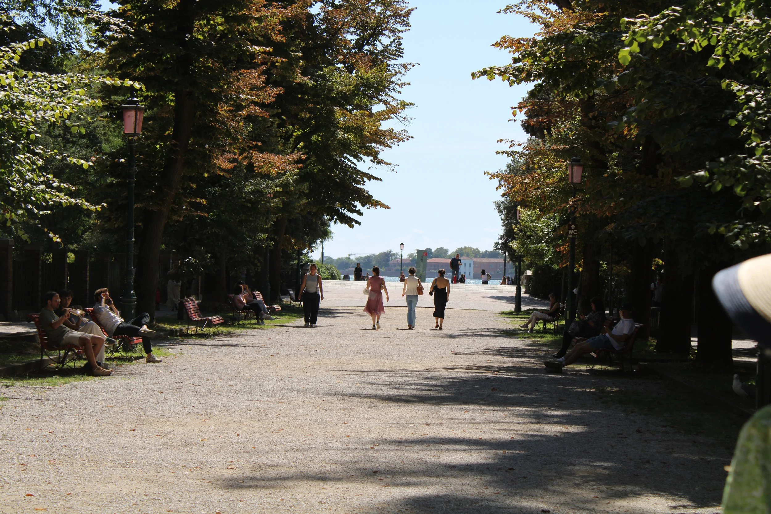 People walking and sitting on benches in a tree-lined park near a body of water on a sunny day.
