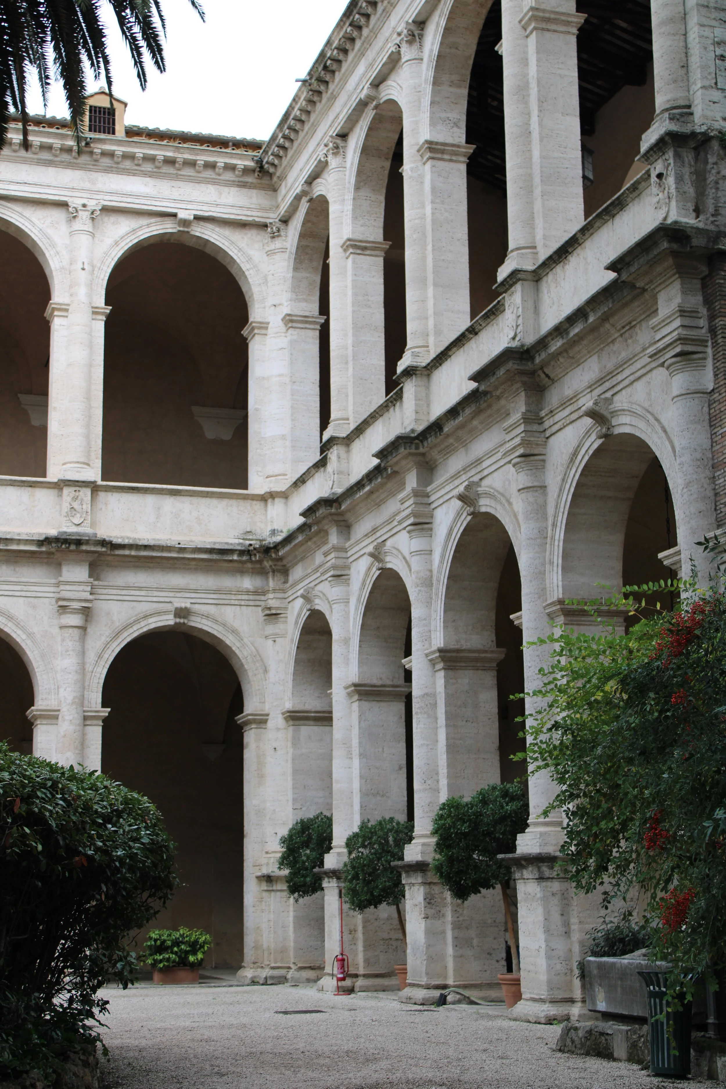 A historical building with large stone arches and columns, with a courtyard featuring green bushes and potted plants.