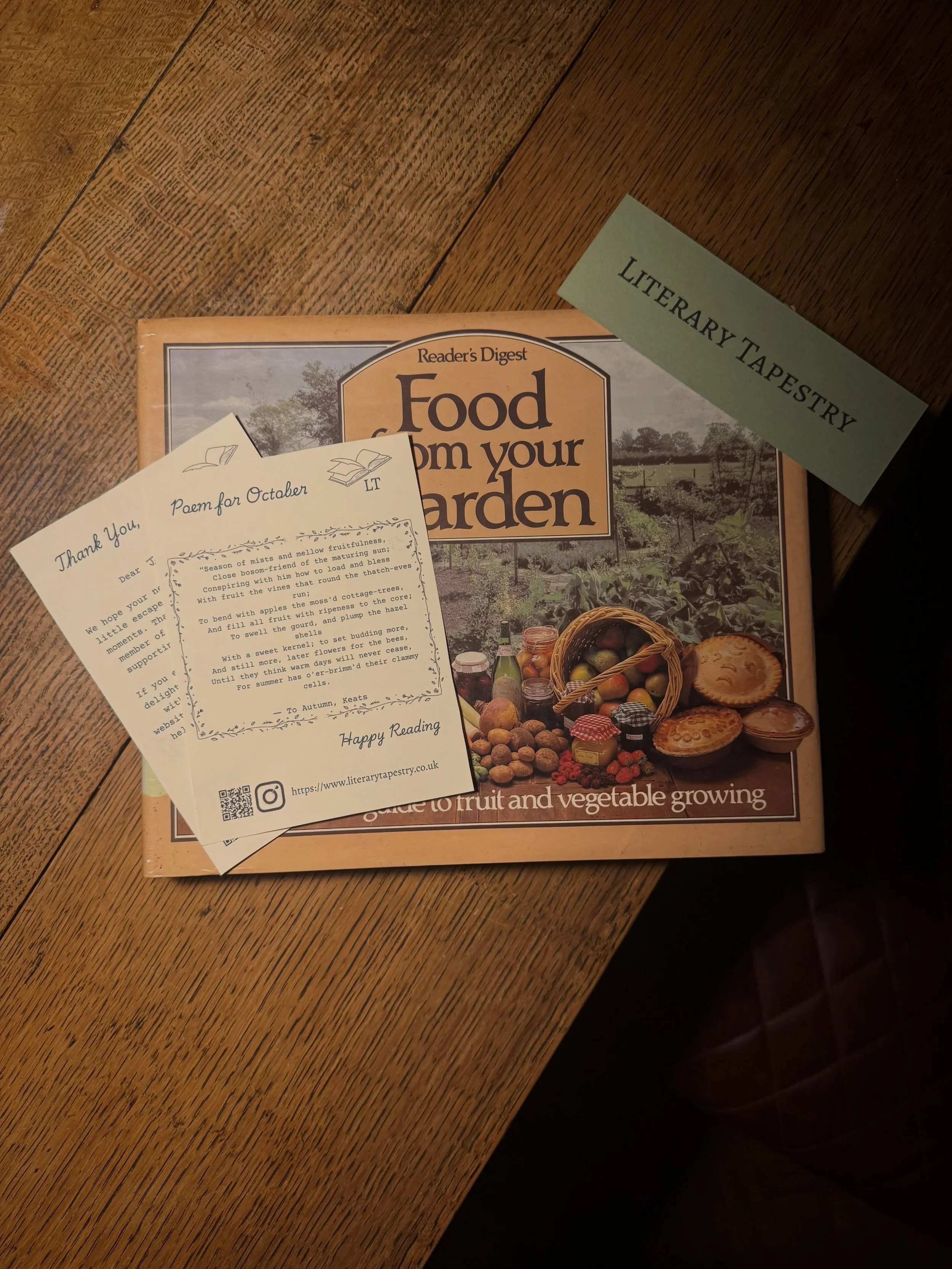 An order, carefully wrapped and ready for its new home. 📚

This 1977 First Edition hardback of Food From Your Garden by Reader&rsquo;s Digest has been wrapped in green tissue paper and accompanied by a snippet of our October poem, To Autumn by John 