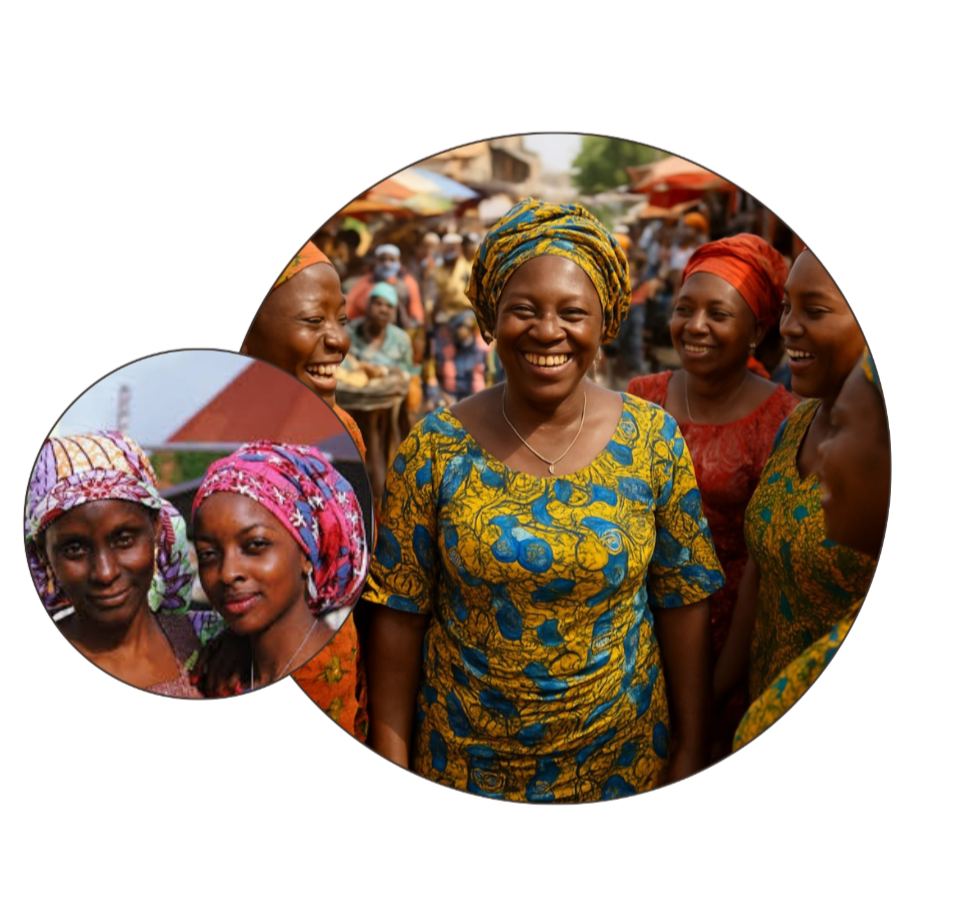 A group of women wearing colorful traditional African clothing and headwraps, smiling and talking at an outdoor market with umbrellas and other people in the background.