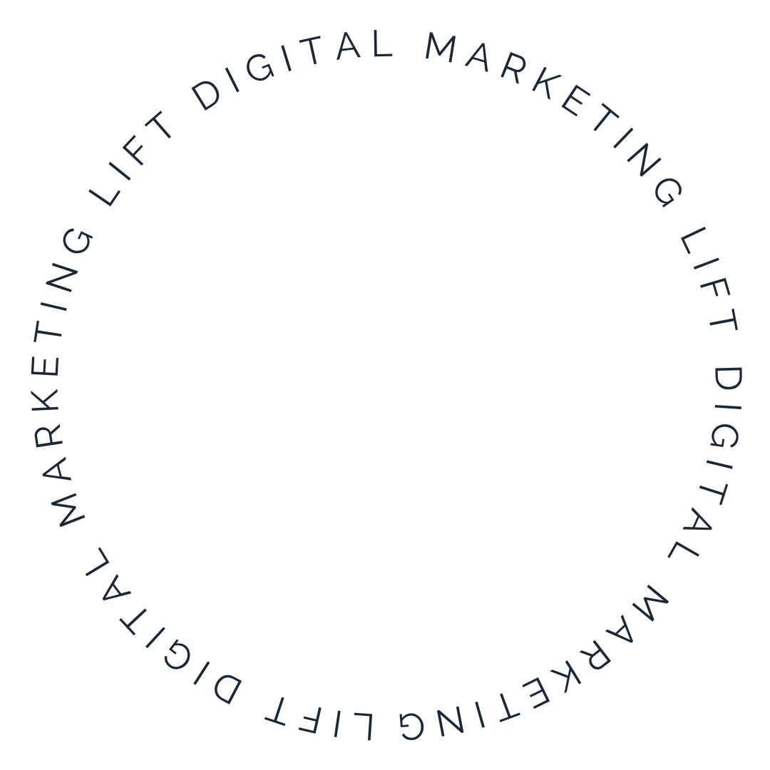 Circular logo with dark background and dark blue text saying 'Marketing & Lift Digital Marketing Lift Digital Marketing.'