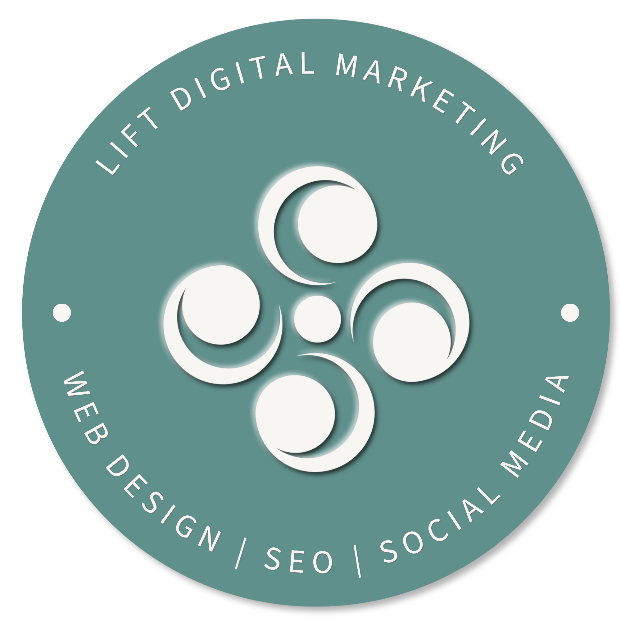 Close-up of a circular logo with the text 'LIFT DIGITAL MARKETING' at the top and 'WEB DESIGN SEO SOCIAL' around the bottom, featuring stylized bubbles or circles in the center.