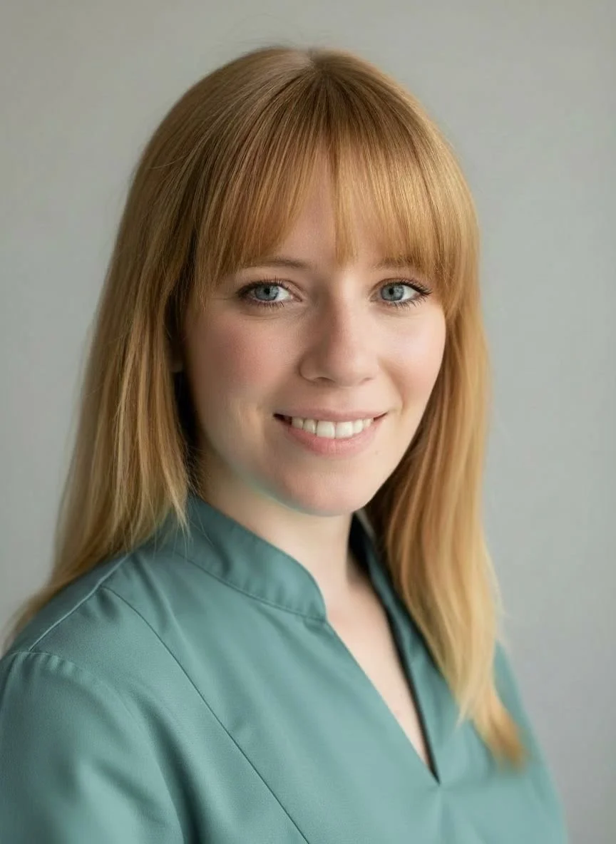 Close-up portrait of a young woman with straight strawberry blonde hair, blue eyes, and fair skin, smiling slightly and wearing a teal blouse, against a plain, light-colored background.
