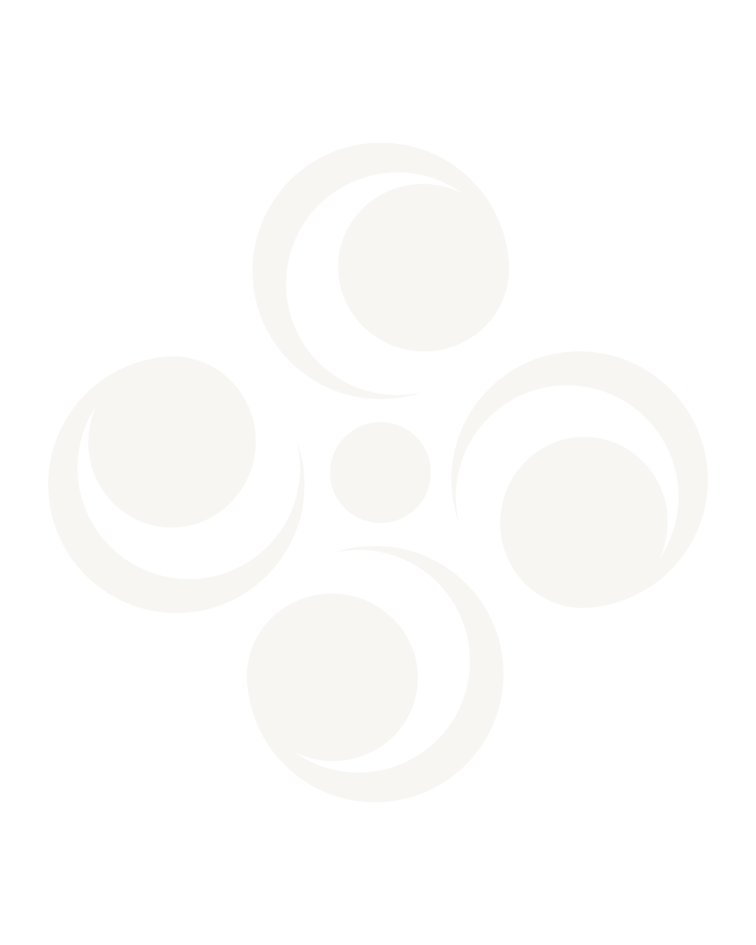 Black-and-white abstract design with circles and crescent moons arranged in a symmetrical pattern.