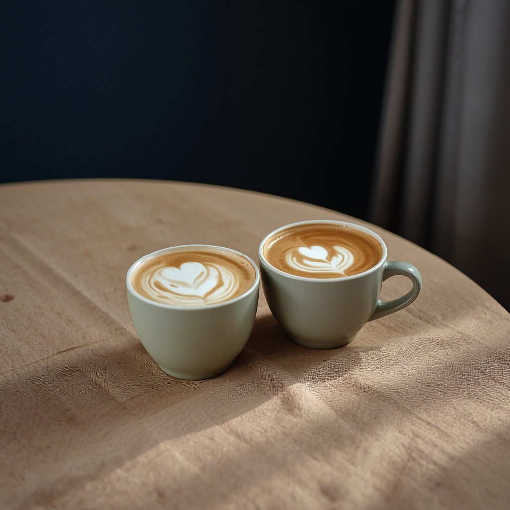 Two cups of coffee with latte art heart designs on a wooden table.