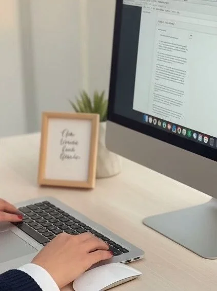 Copywriter types on a computer