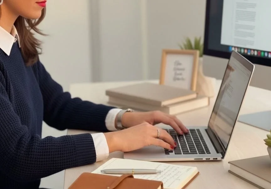 Woman's hands typing on laptop