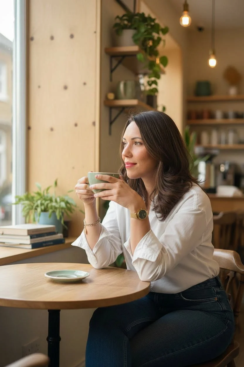 A woman with dark brown hair, wearing a white shirt and a gold watch, sitting at a round wooden table in a cozy cafe, holding a green mug with both hands, looking out the window.