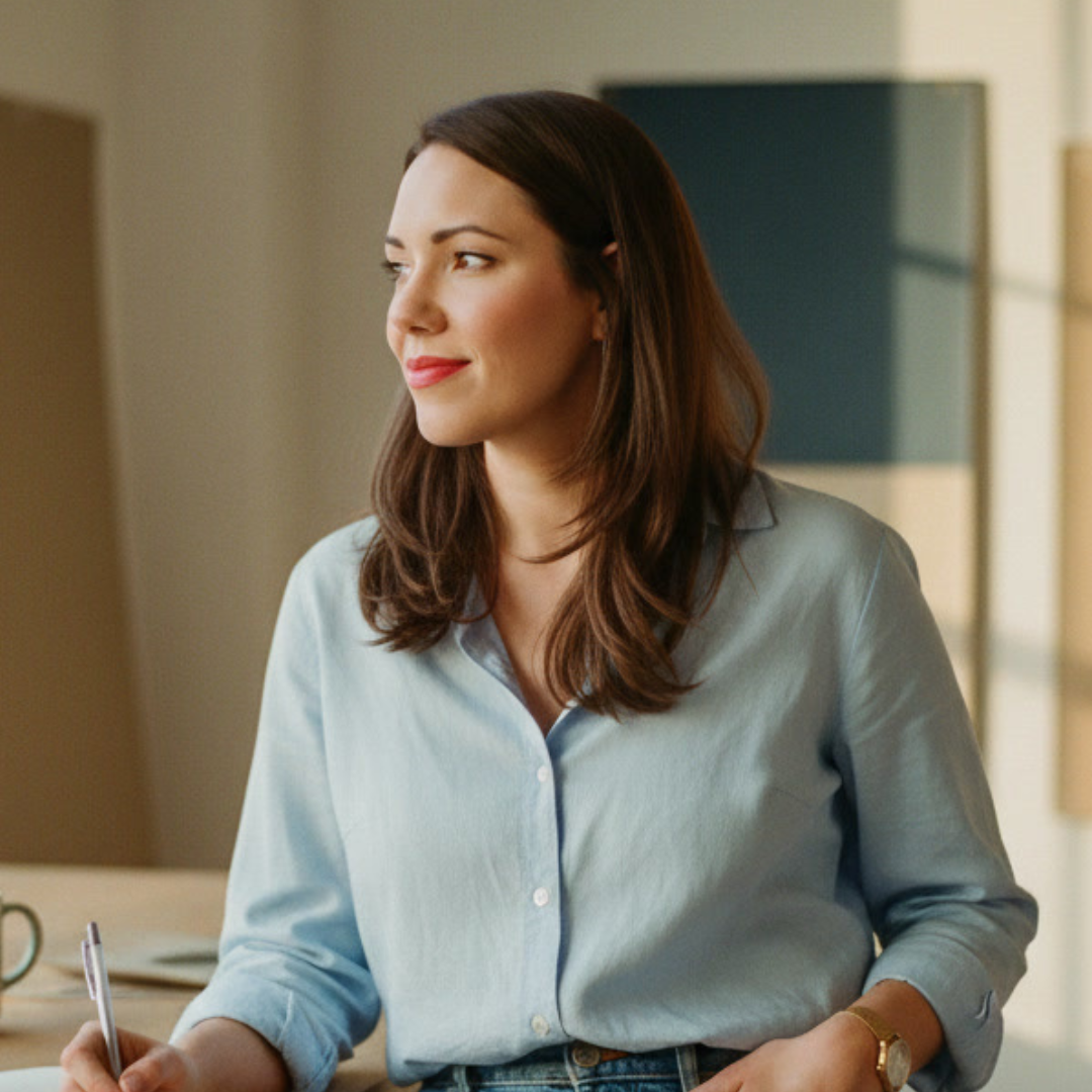 A woman with brown hair, wearing a light blue button-up shirt, is sitting at a desk in a modern office, holding a pen and looking thoughtfully to her left.