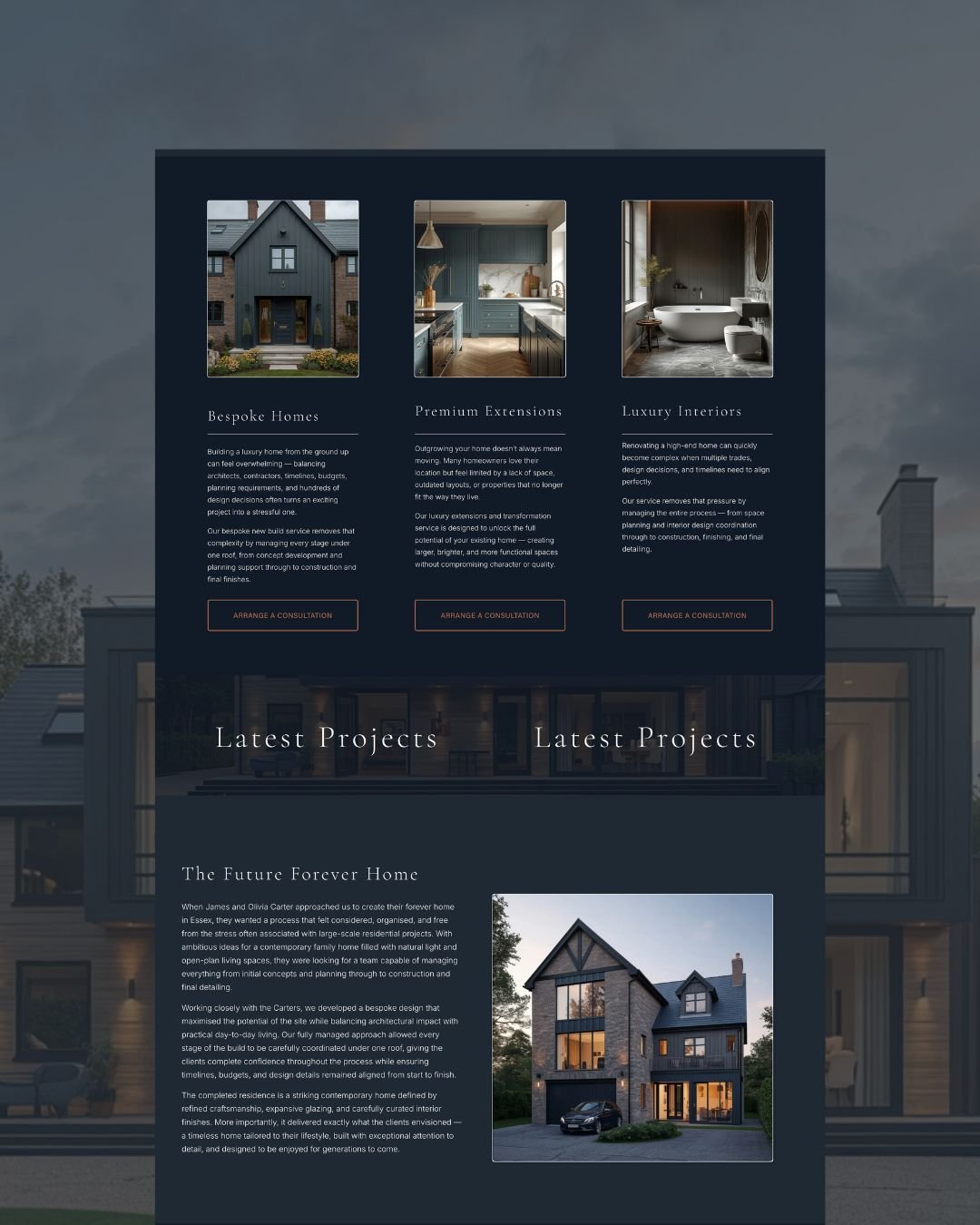 Homepage of a luxury home design and construction website, featuring images of a house exterior, a kitchen, a bathroom, and a house project, with sections about bespoke homes, premium extensions, luxury interiors, and a featured modern house design.