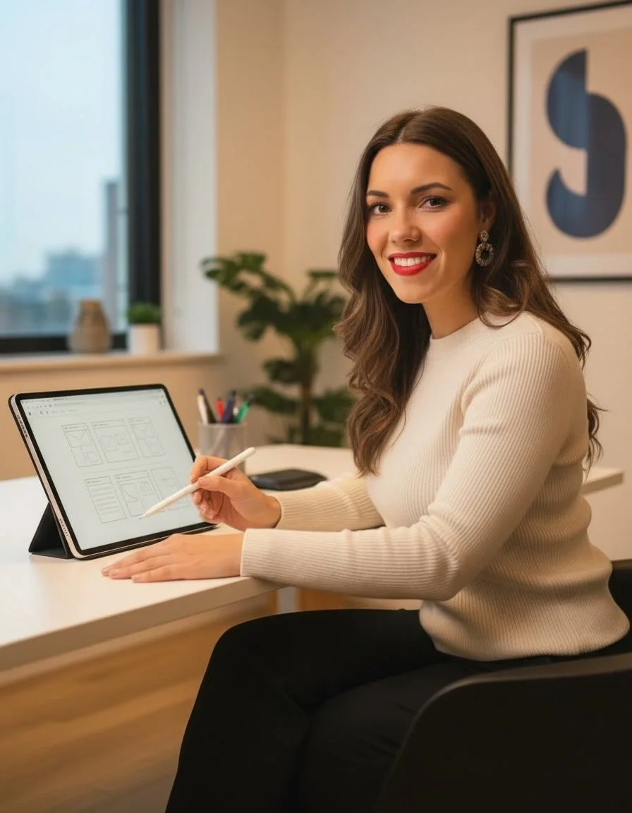 Woman works on tablet creating website wire frame