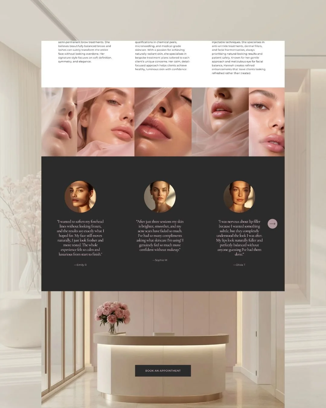 Image of a skincare or aesthetic clinic with a reception desk and promotional banner featuring close-up images of a woman's face and testimonials.