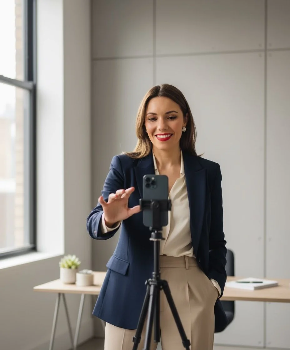 Social media marketing expert films content on an iPhone